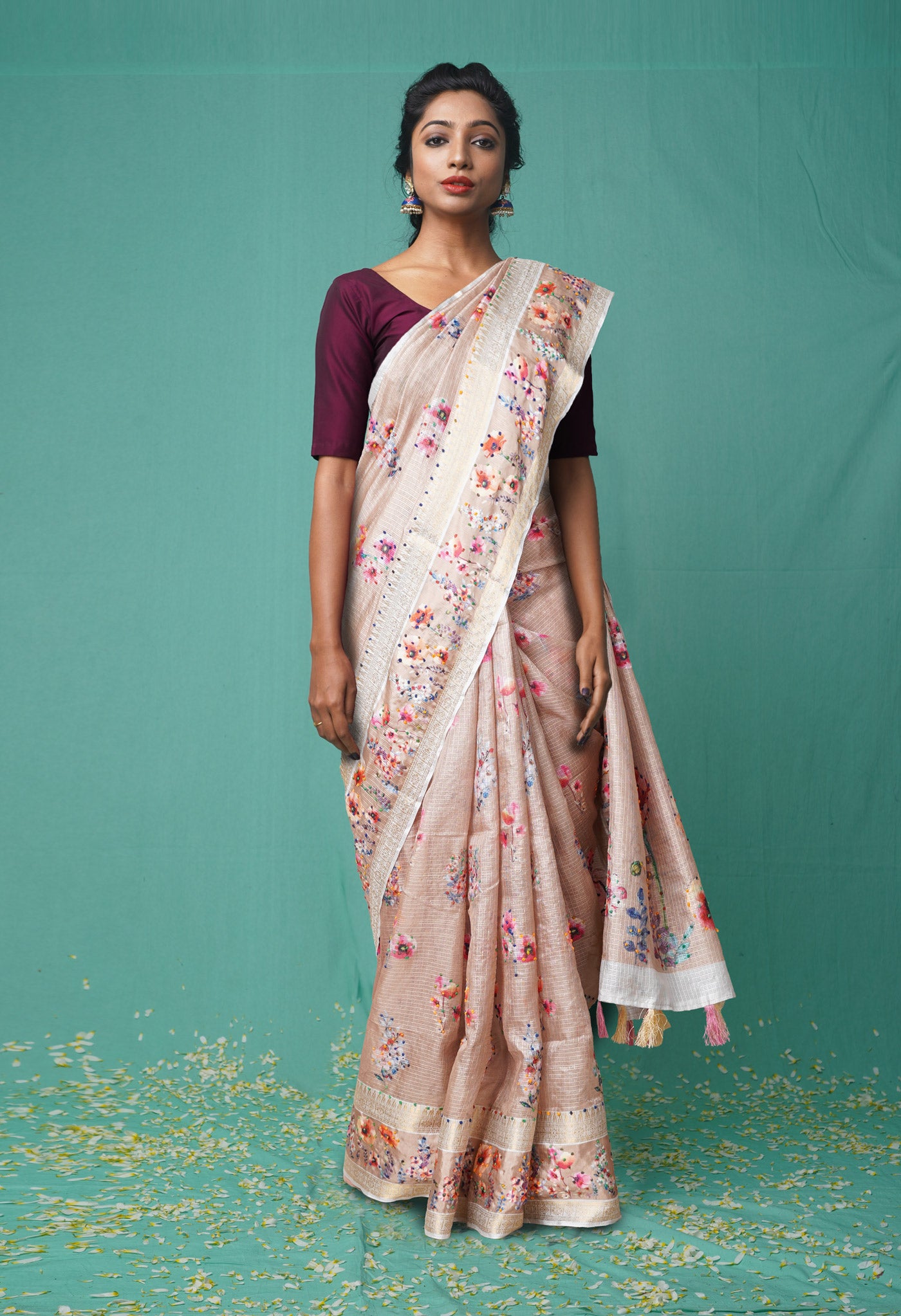 Cream Pure French Knot Work Kota Silk Saree