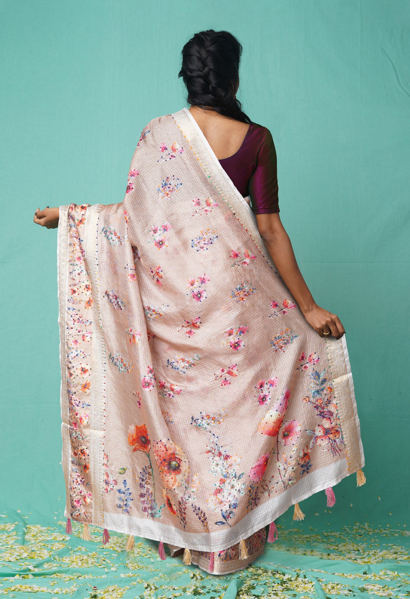 Cream Pure French Knot Work Kota Silk Saree