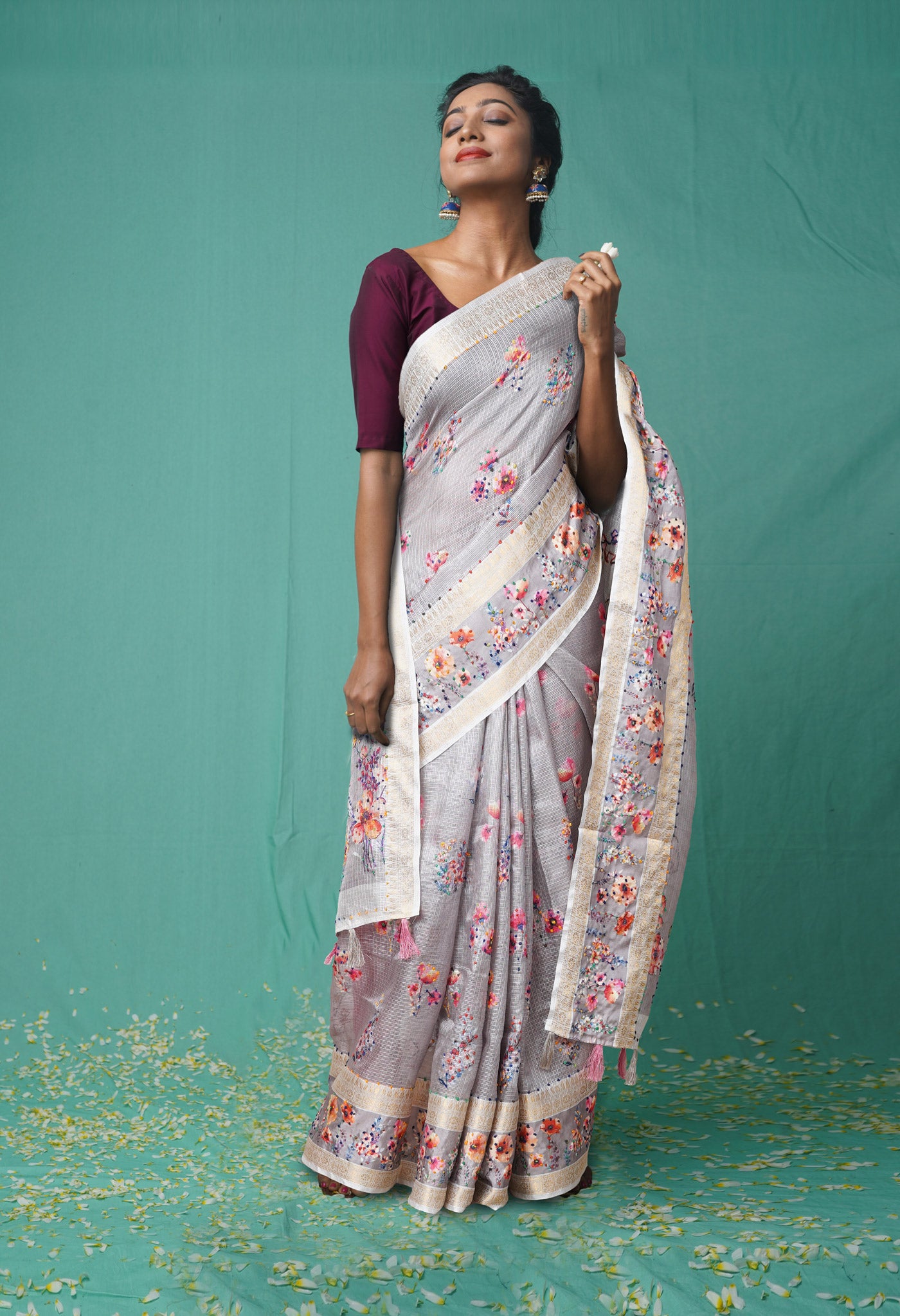 Grey Pure French Knot Work Kota Silk Saree