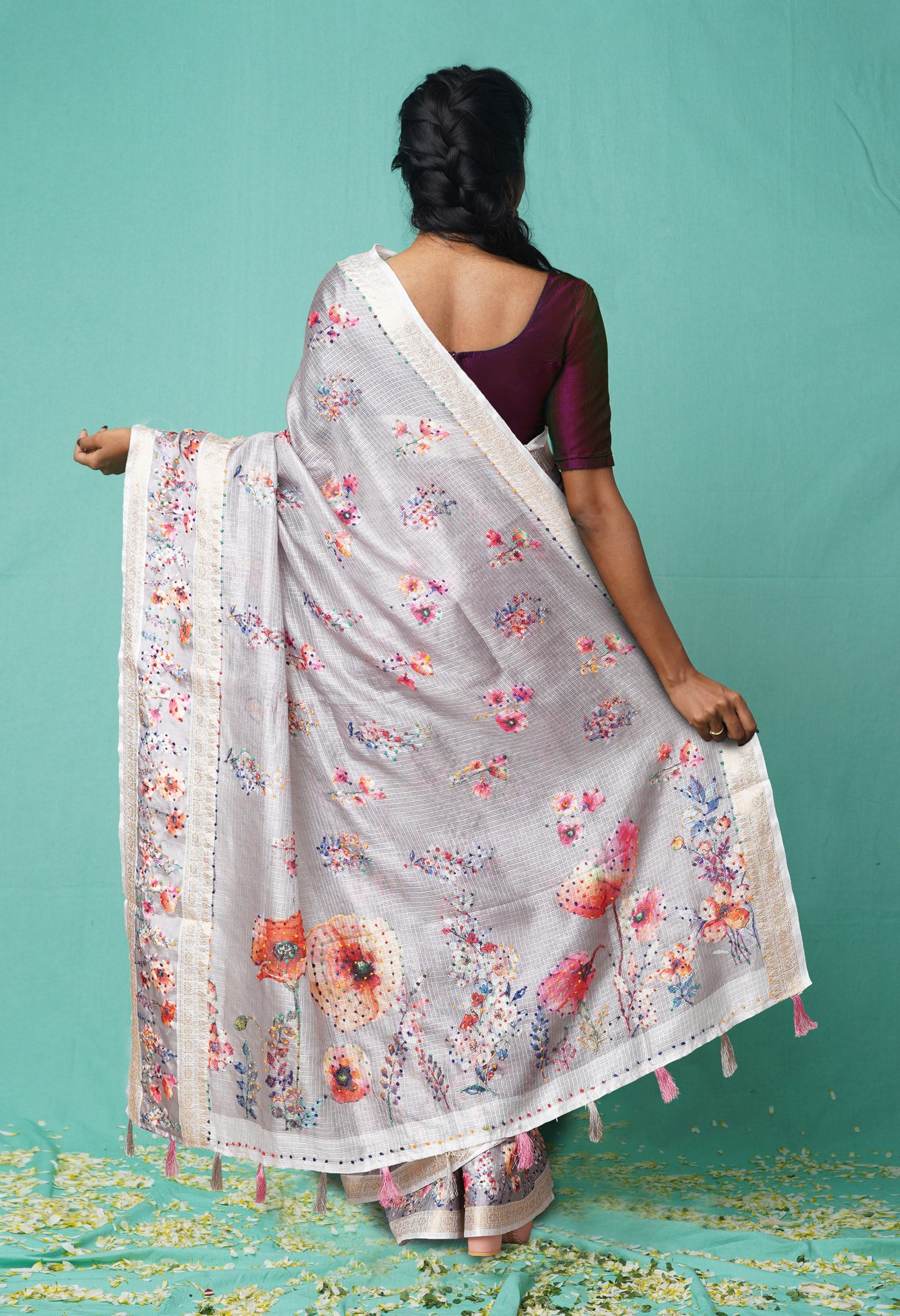 Grey Pure French Knot Work Kota Silk Saree