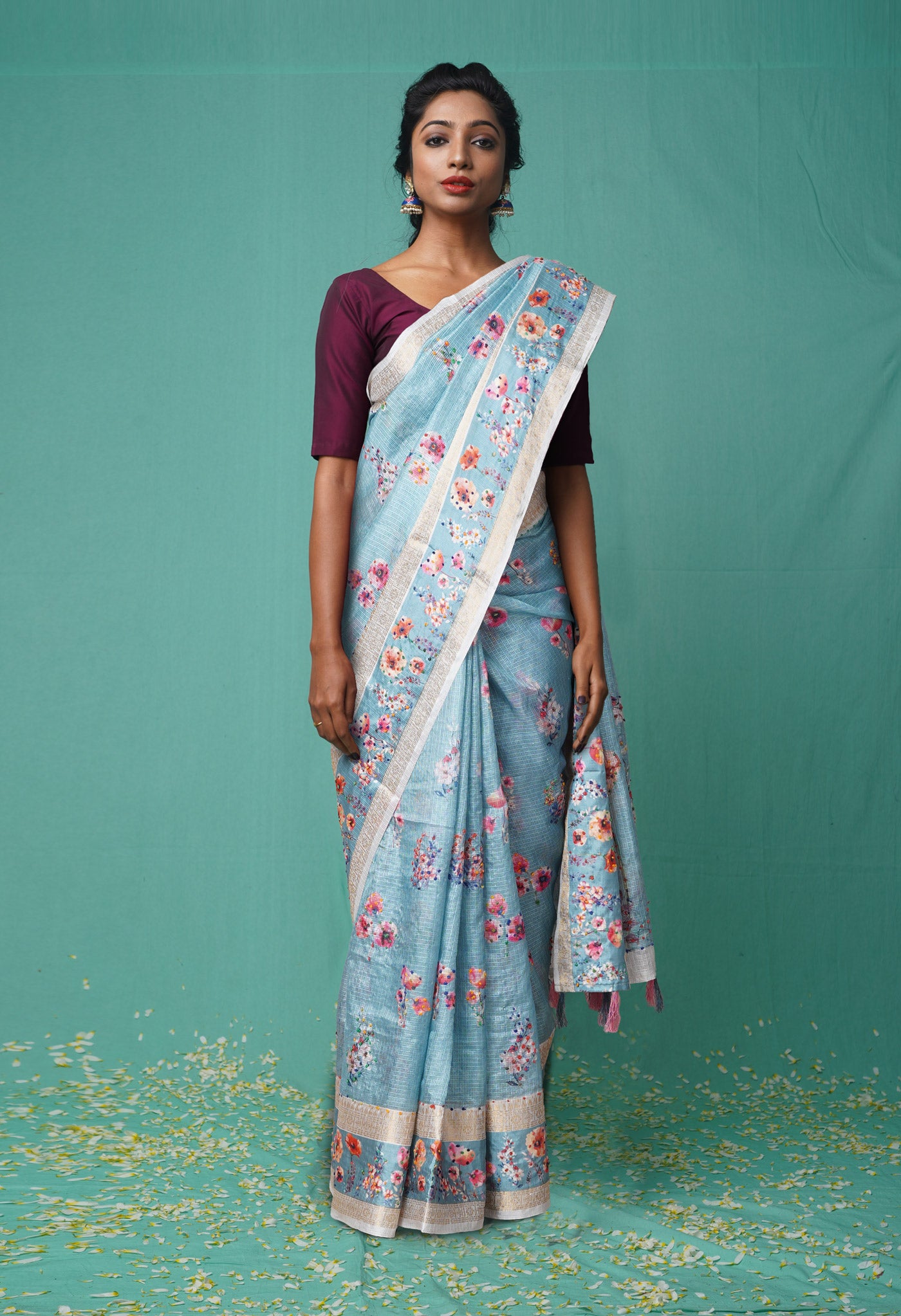 Blue Pure French Knot Work Kota Silk Saree