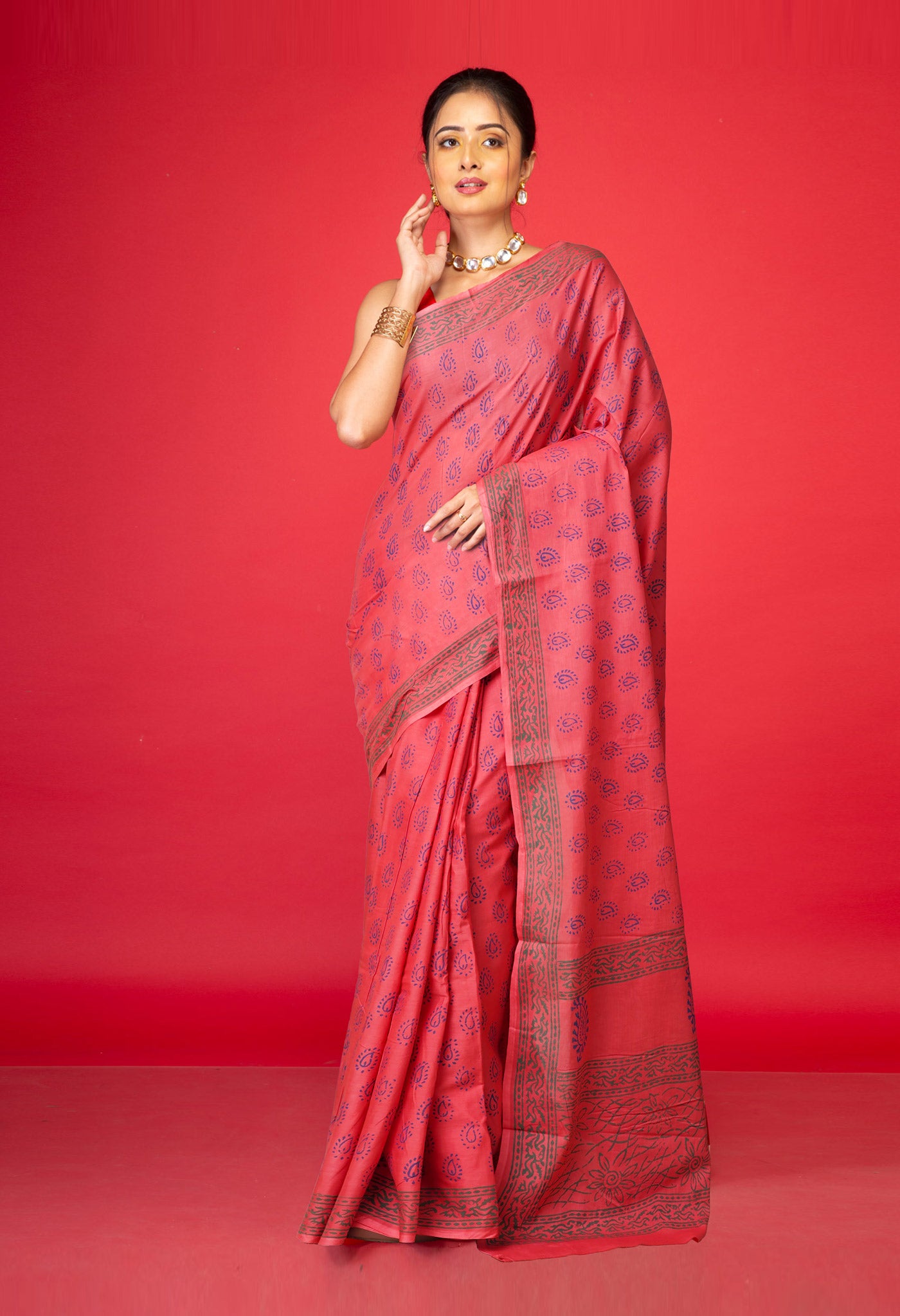 Pink Pure  Block Printed Soft Cotton Saree-UNM78470