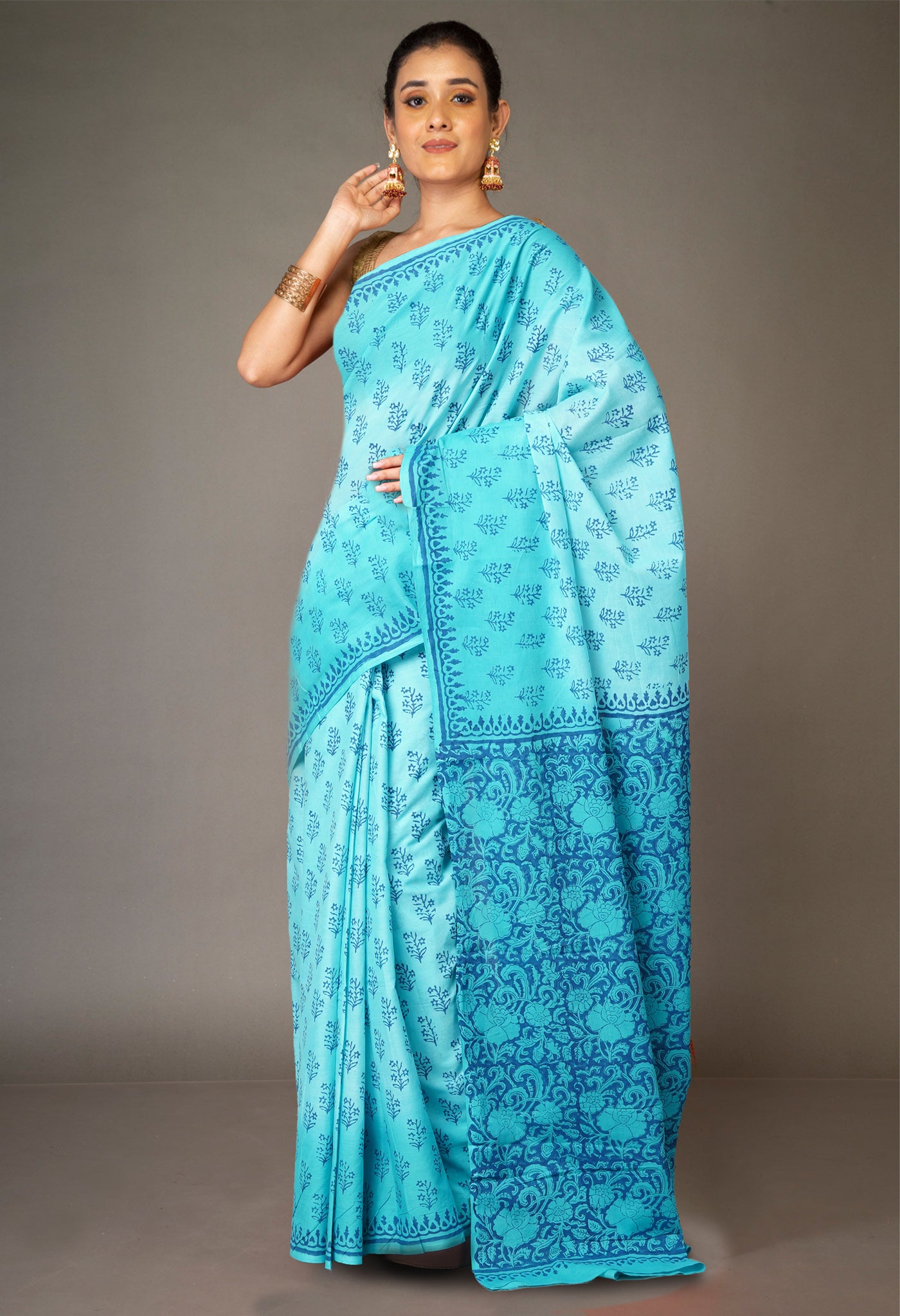 Blue Pure  Block Printed Soft Cotton Saree-UNM78471