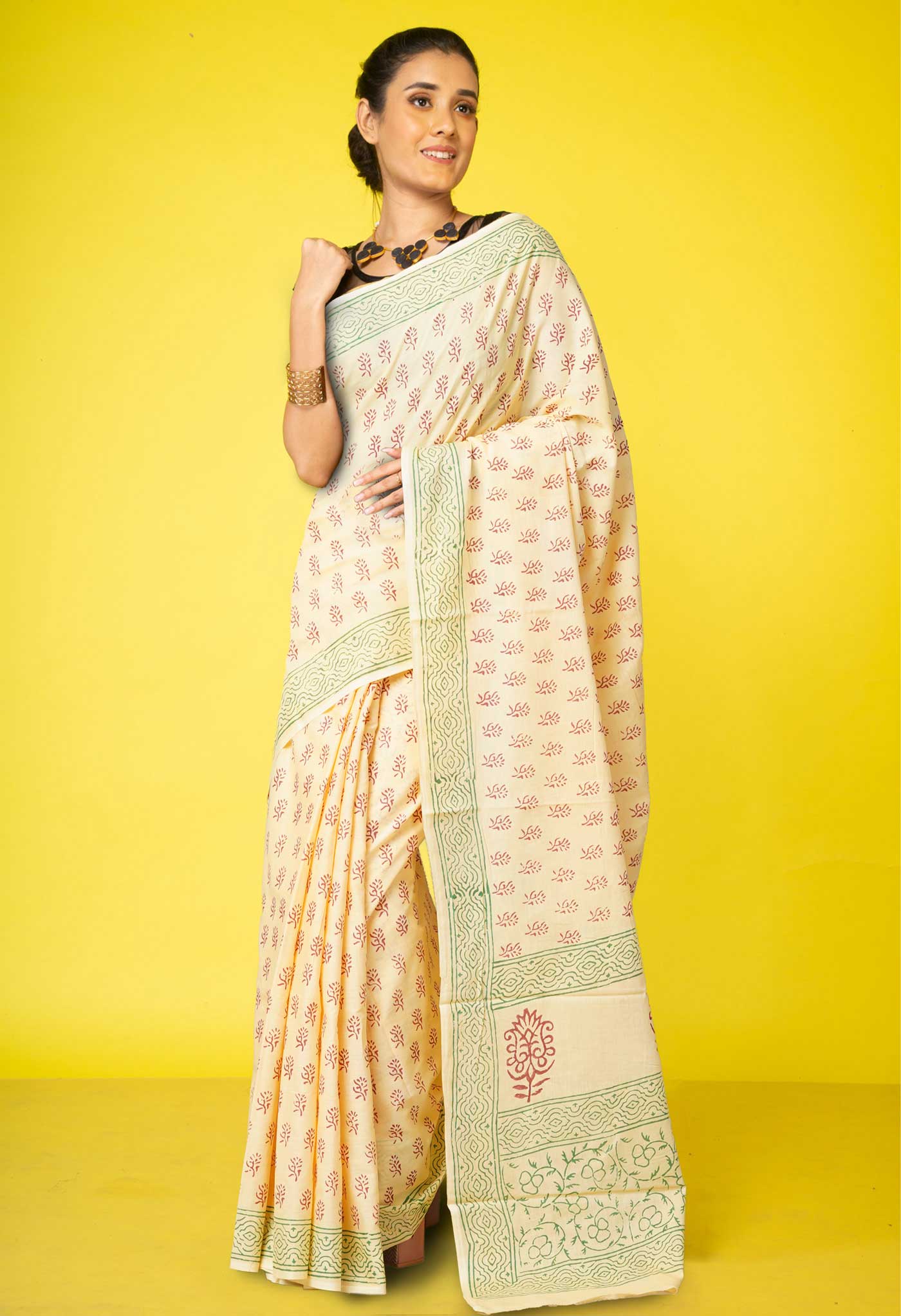 Cream Pure  Block Printed Soft Cotton Saree-UNM78473