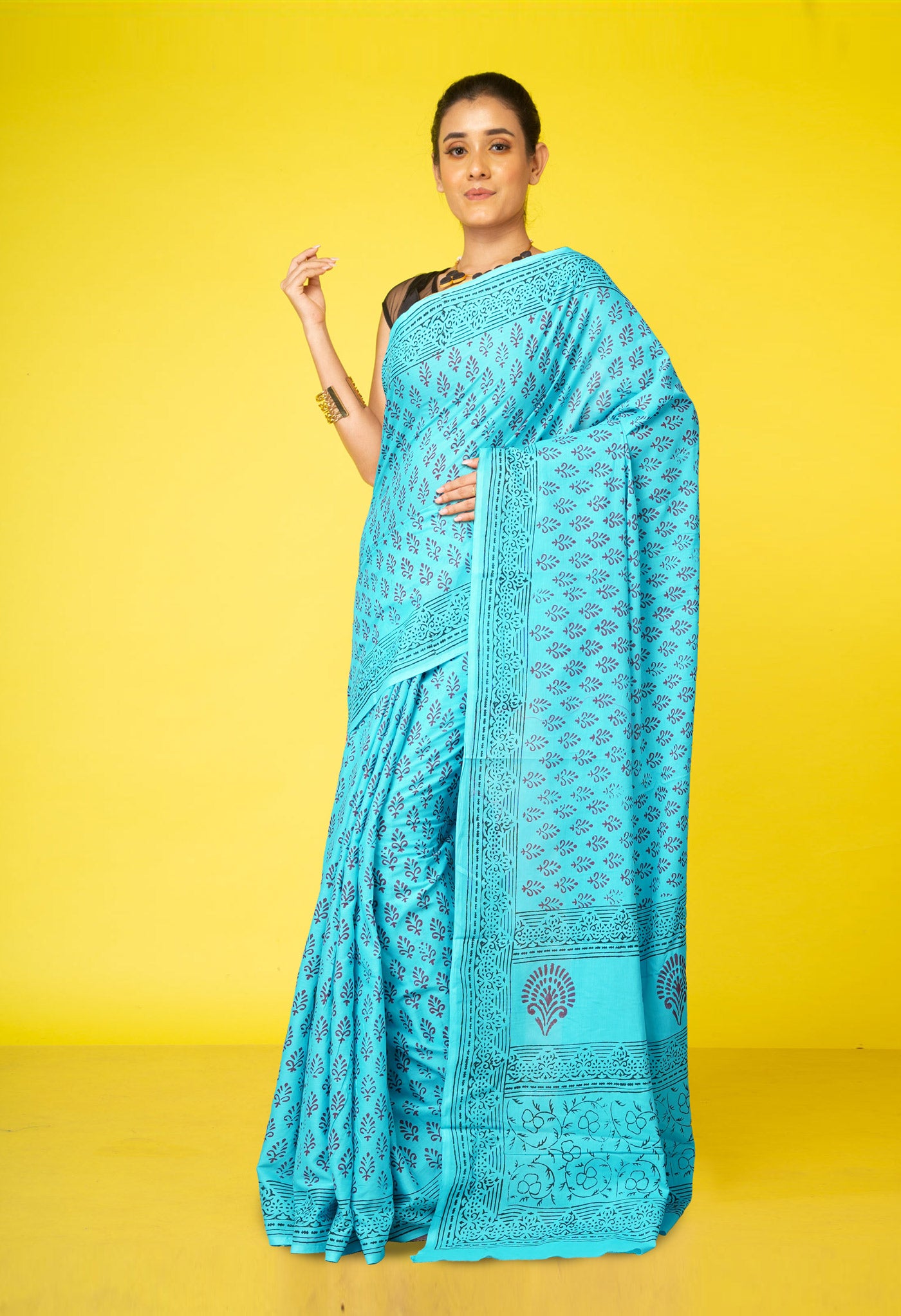 Blue Pure  Block Printed Soft Cotton Saree-UNM78474