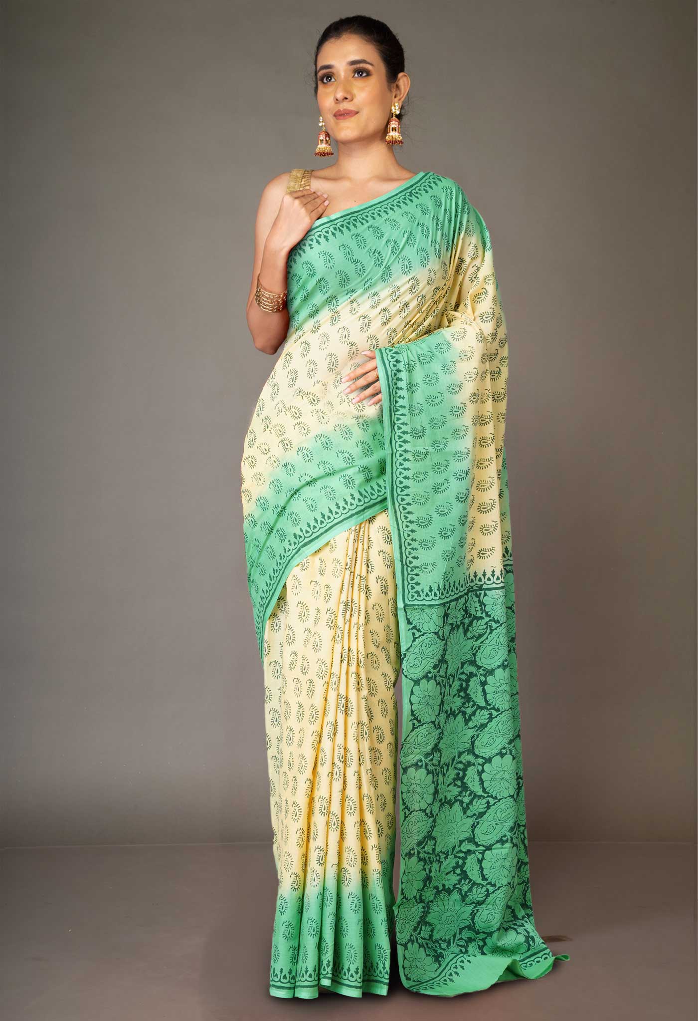 Cream-Green Pure  Block Printed Soft Cotton Saree-UNM78475