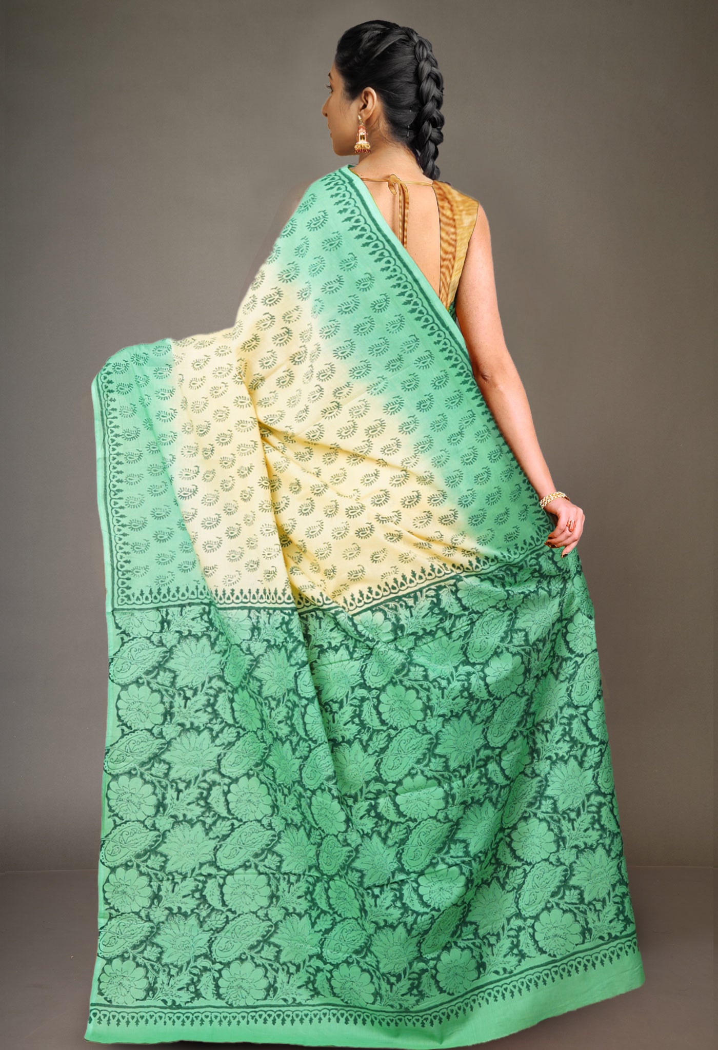 Cream-Green Pure  Block Printed Soft Cotton Saree-UNM78475