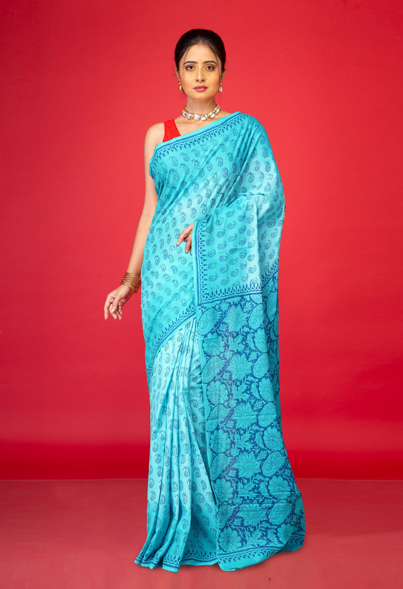 Blue Pure  Block Printed Soft Cotton Saree-UNM78476