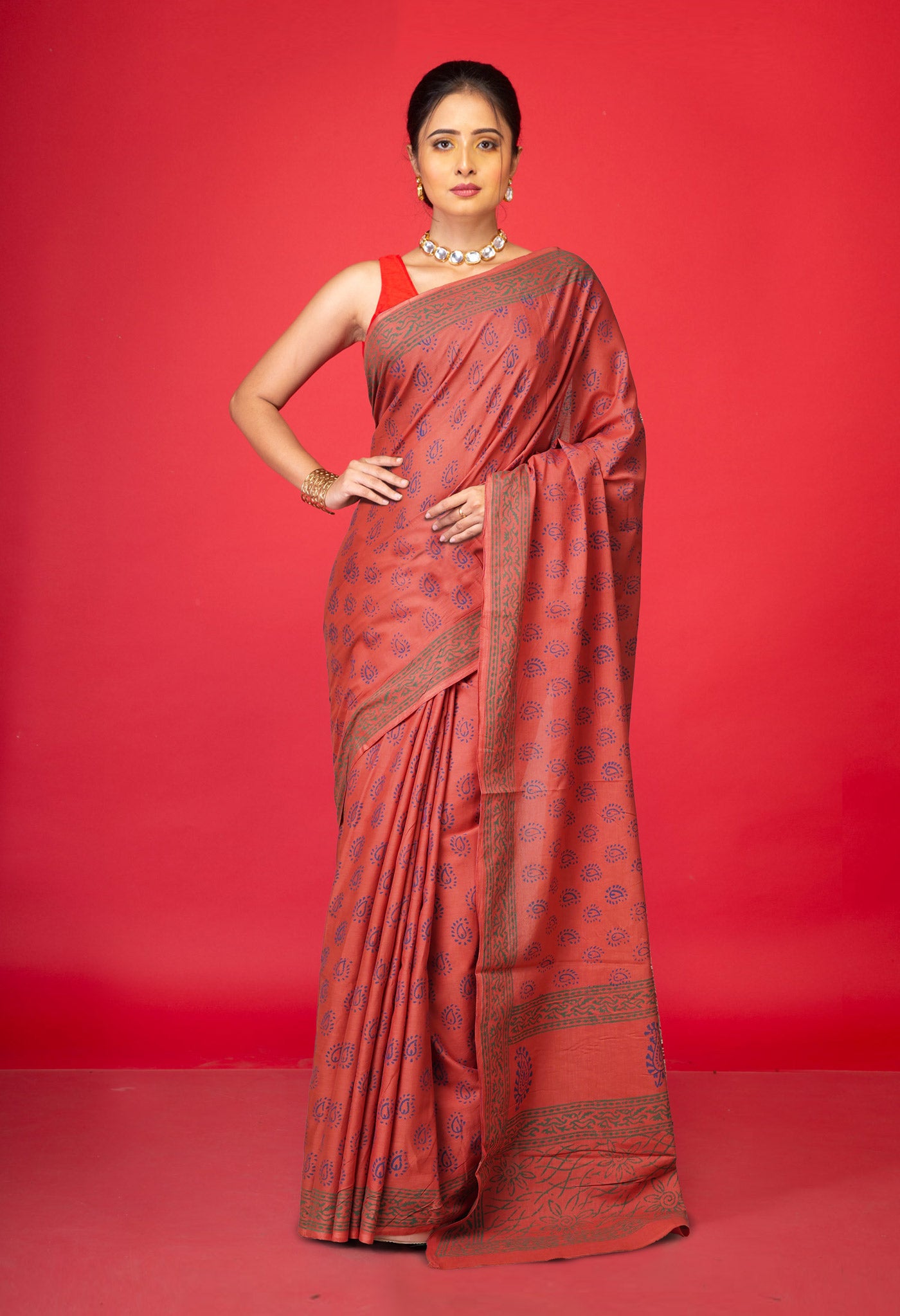 Brown Pure  Block Printed Soft Cotton Saree-UNM78477