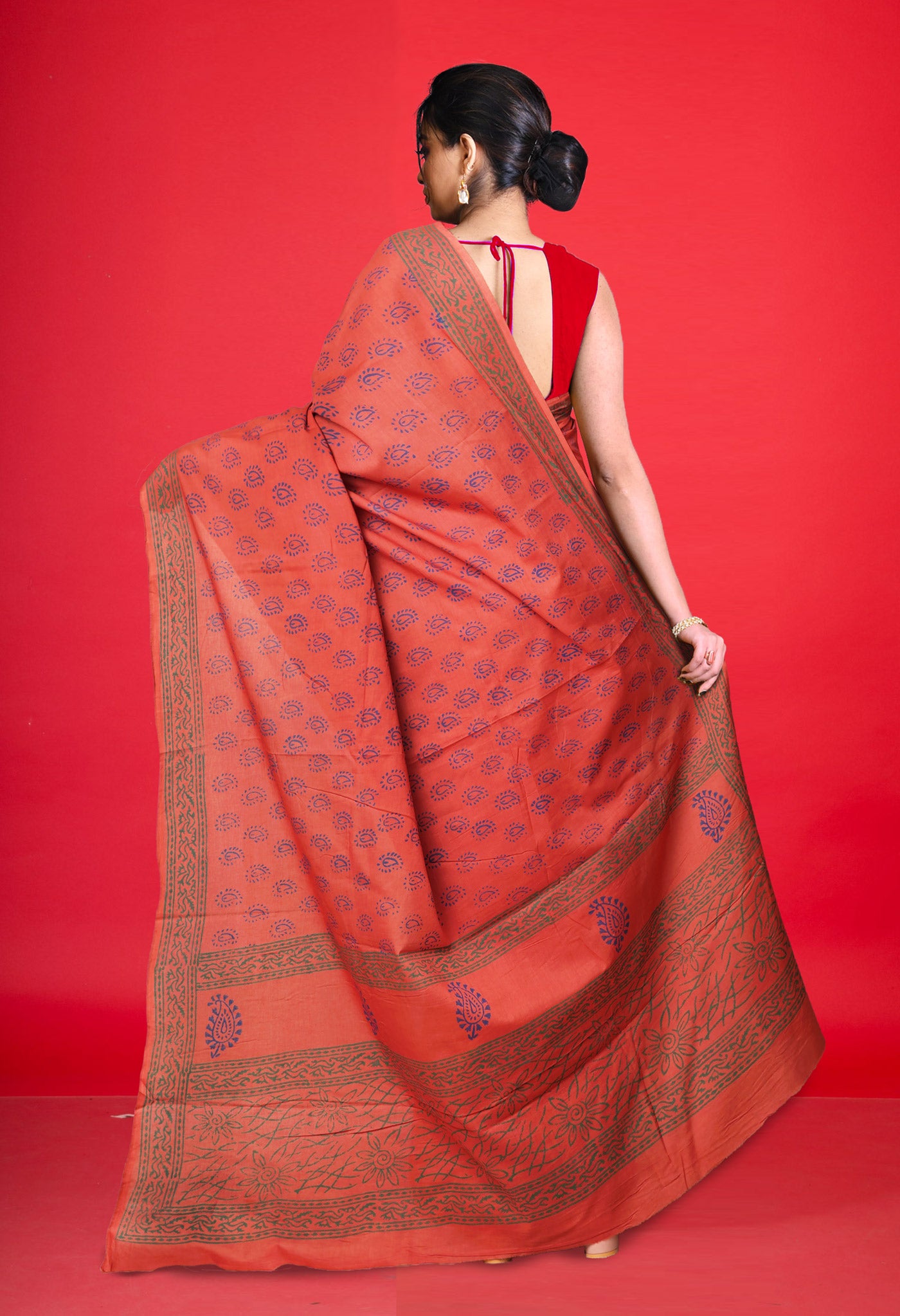 Brown Pure  Block Printed Soft Cotton Saree-UNM78477