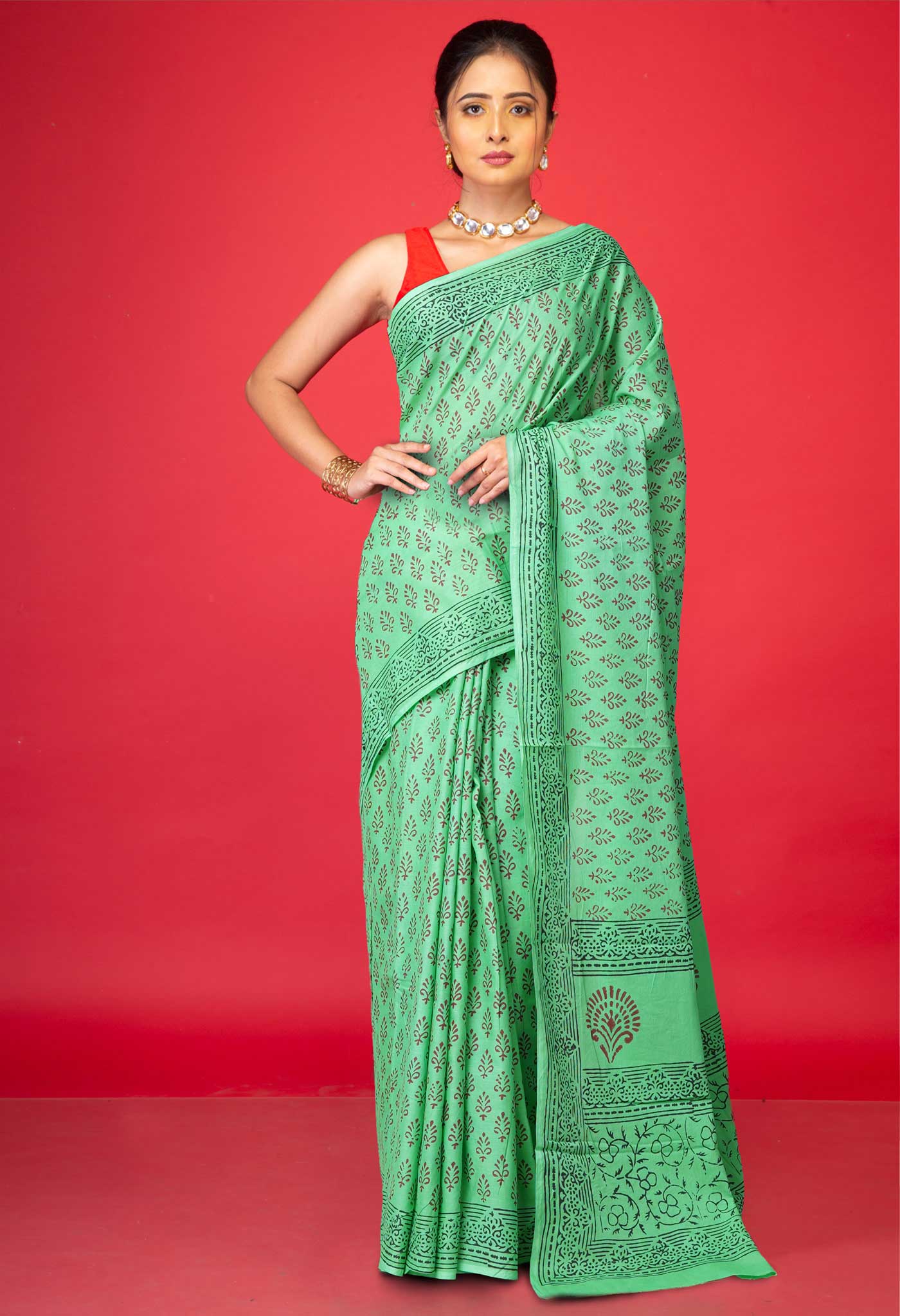 Green Pure  Block Printed Soft Cotton Saree-UNM78478