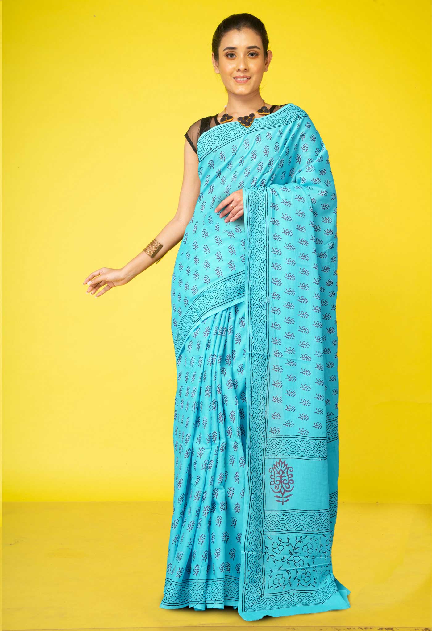 Blue Pure  Block Printed Soft Cotton Saree-UNM78480