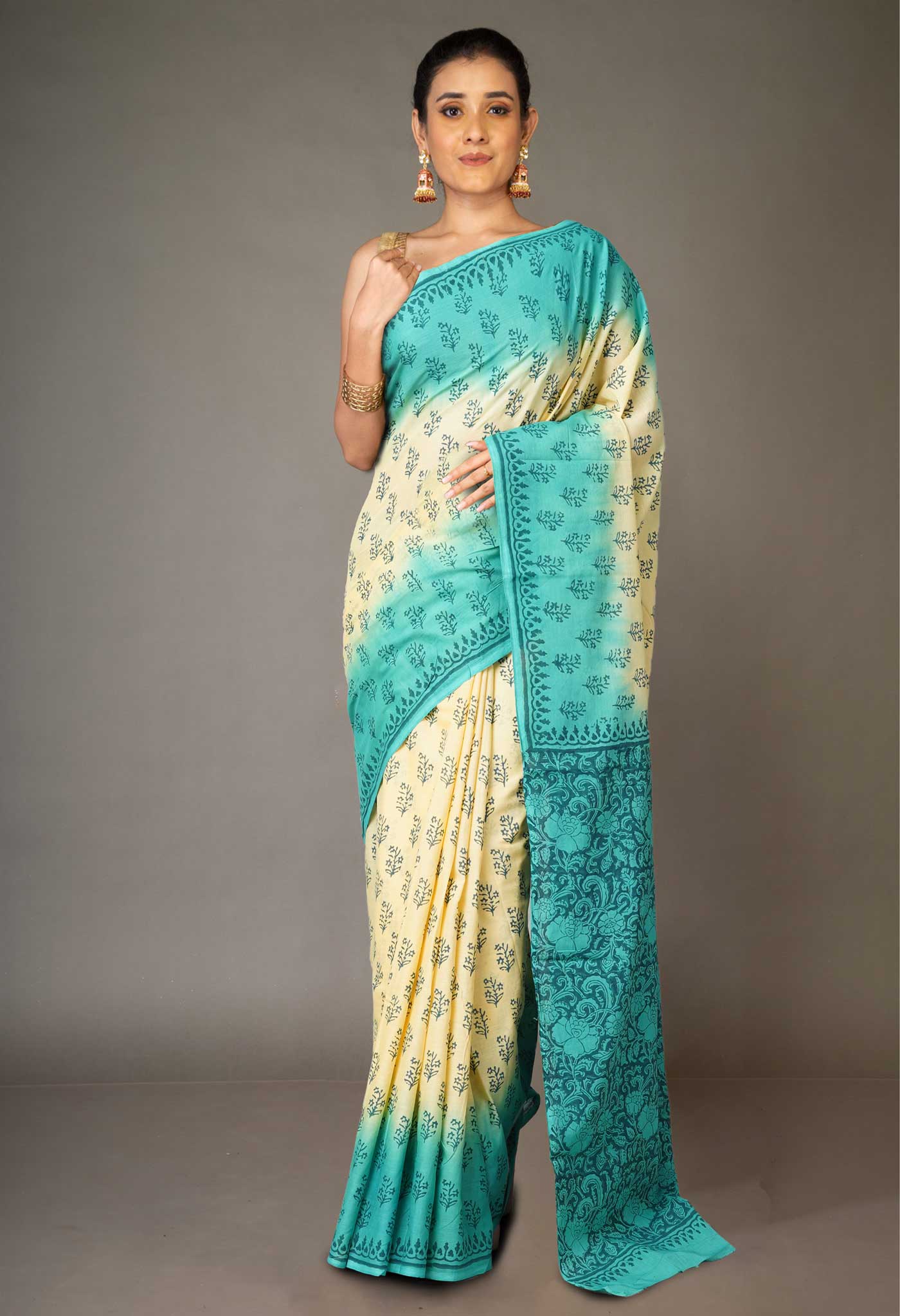 Cream-Blue Pure  Block Printed Soft Cotton Saree-UNM78481