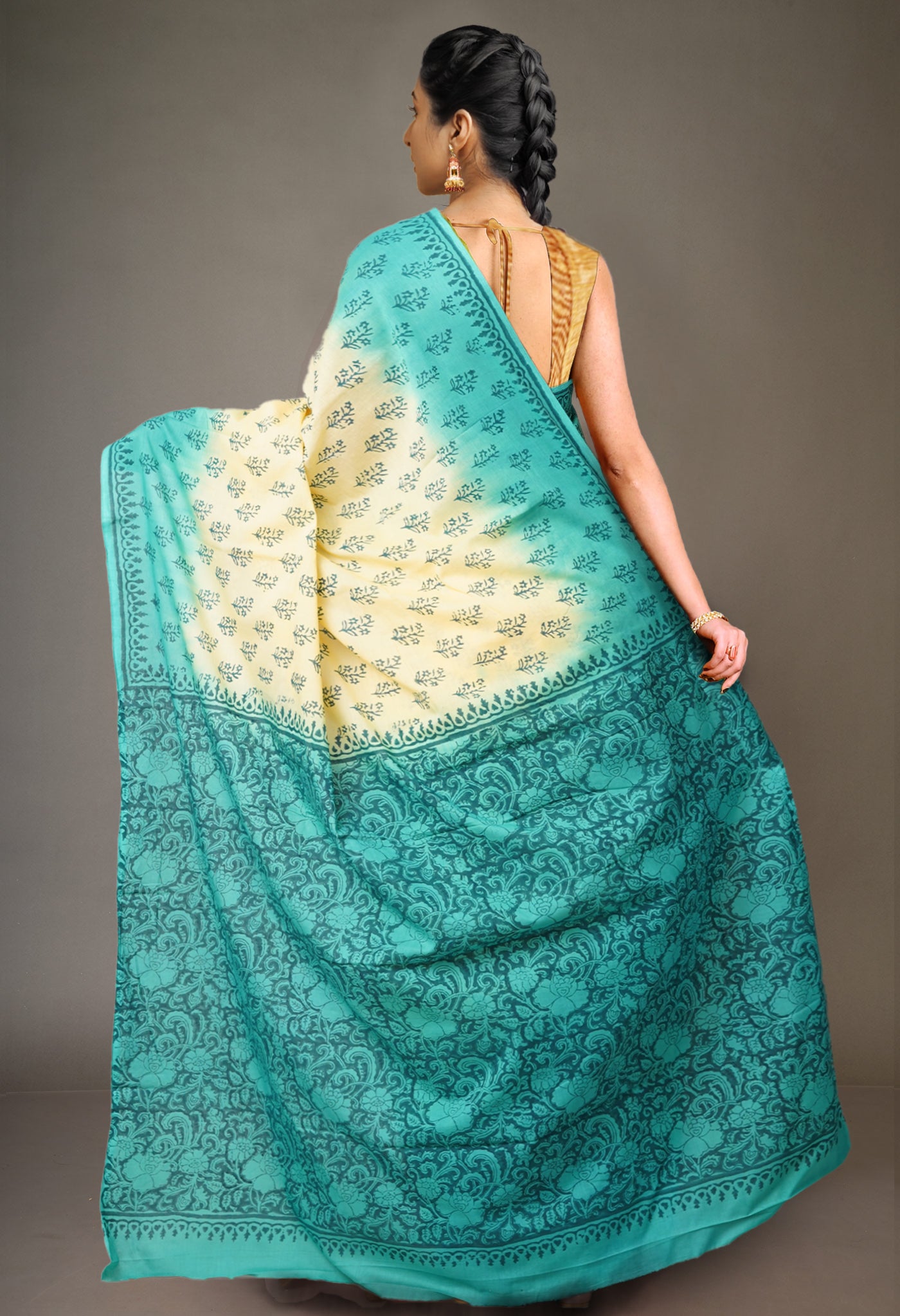 Cream-Blue Pure  Block Printed Soft Cotton Saree-UNM78481