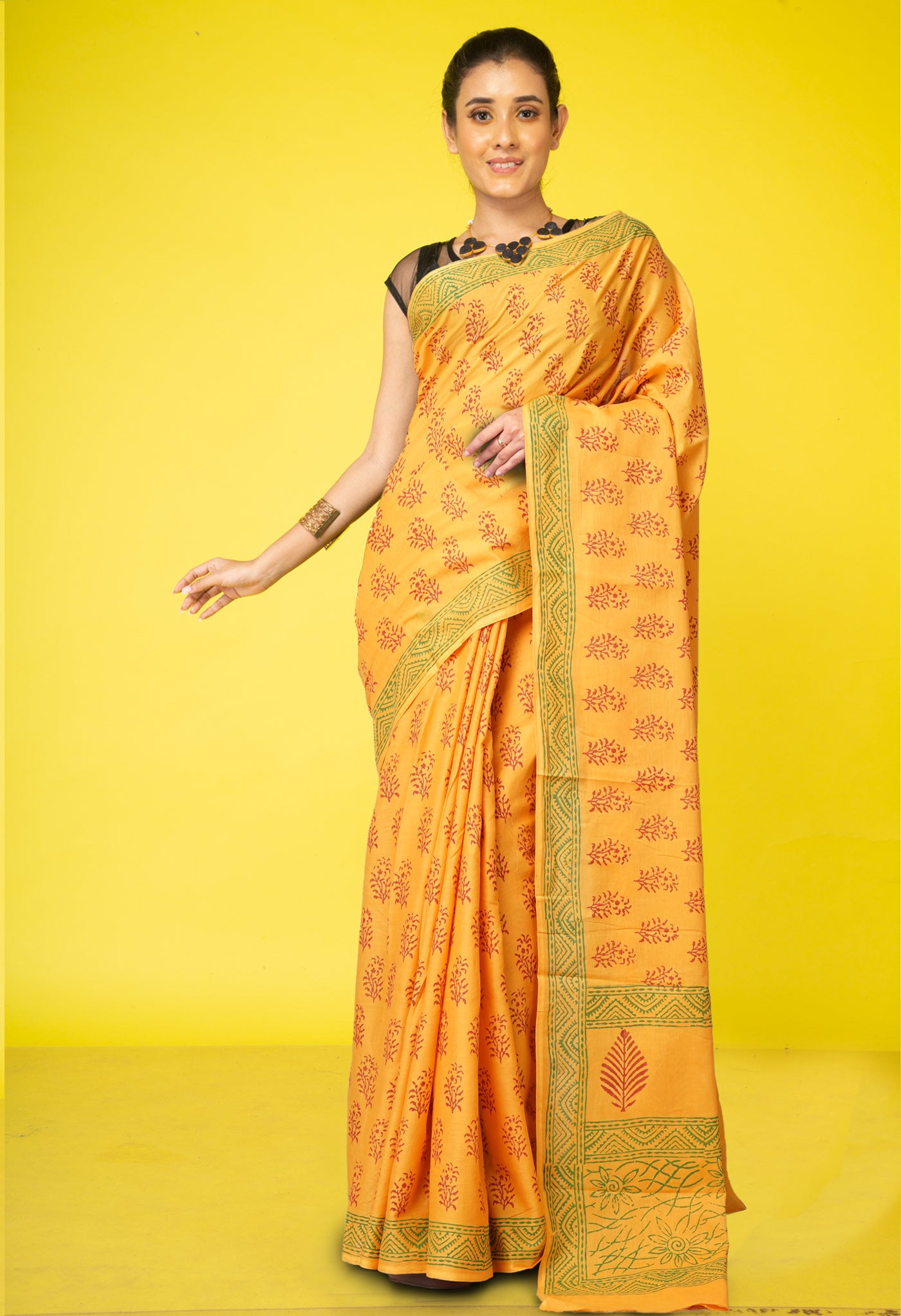 Yellow Pure  Block Printed Soft Cotton Saree-UNM78482