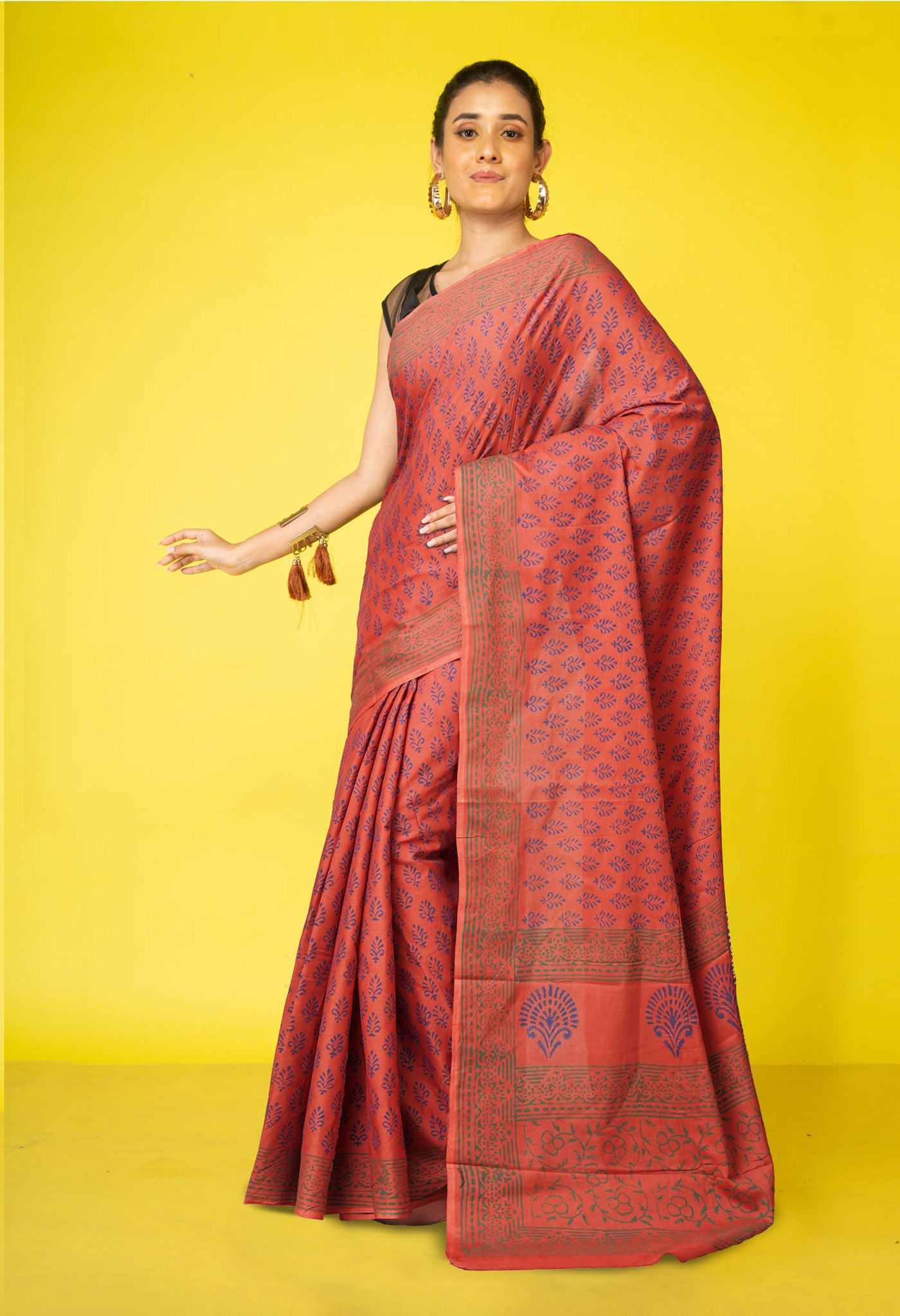 Brown Pure  Block Printed Soft Cotton Saree-UNM78486