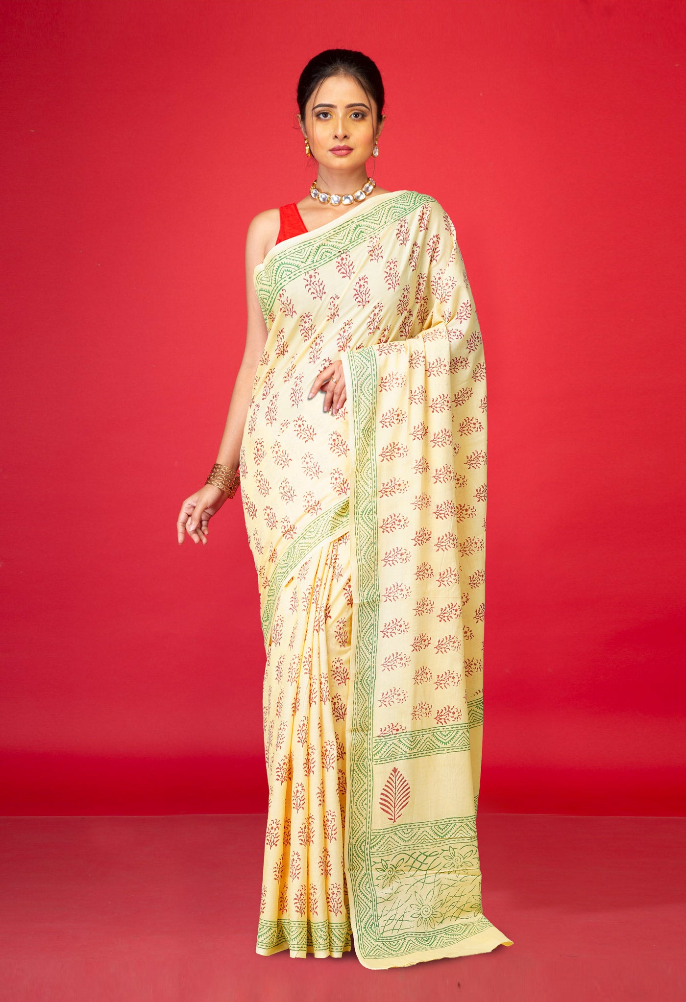 Cream Pure  Block Printed Soft Cotton Saree-UNM78488