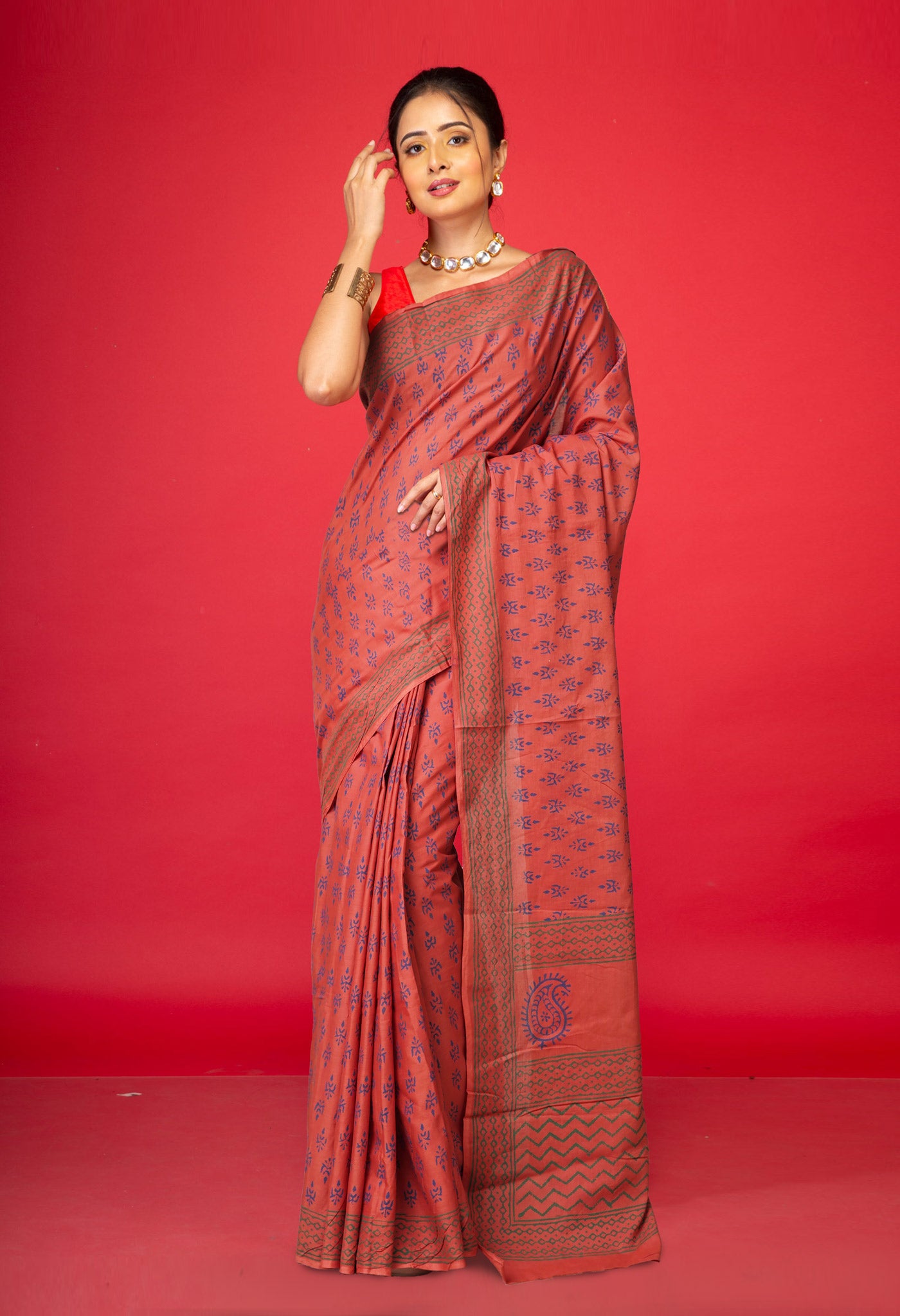 Brown Pure  Block Printed Soft Cotton Saree-UNM78490