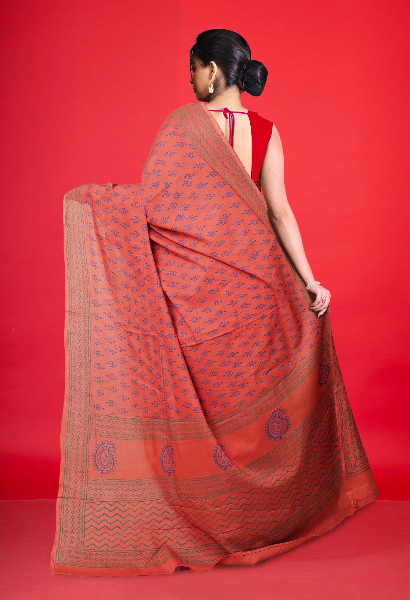 Brown Pure  Block Printed Soft Cotton Saree-UNM78490