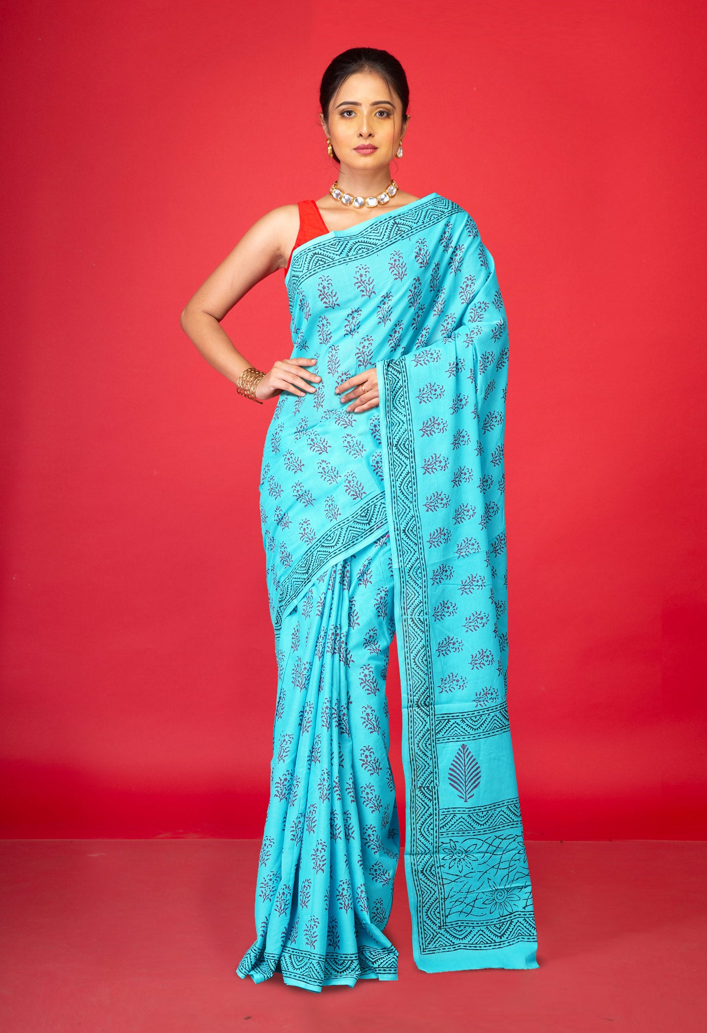 Blue Pure  Block Printed Soft Cotton Saree-UNM78494