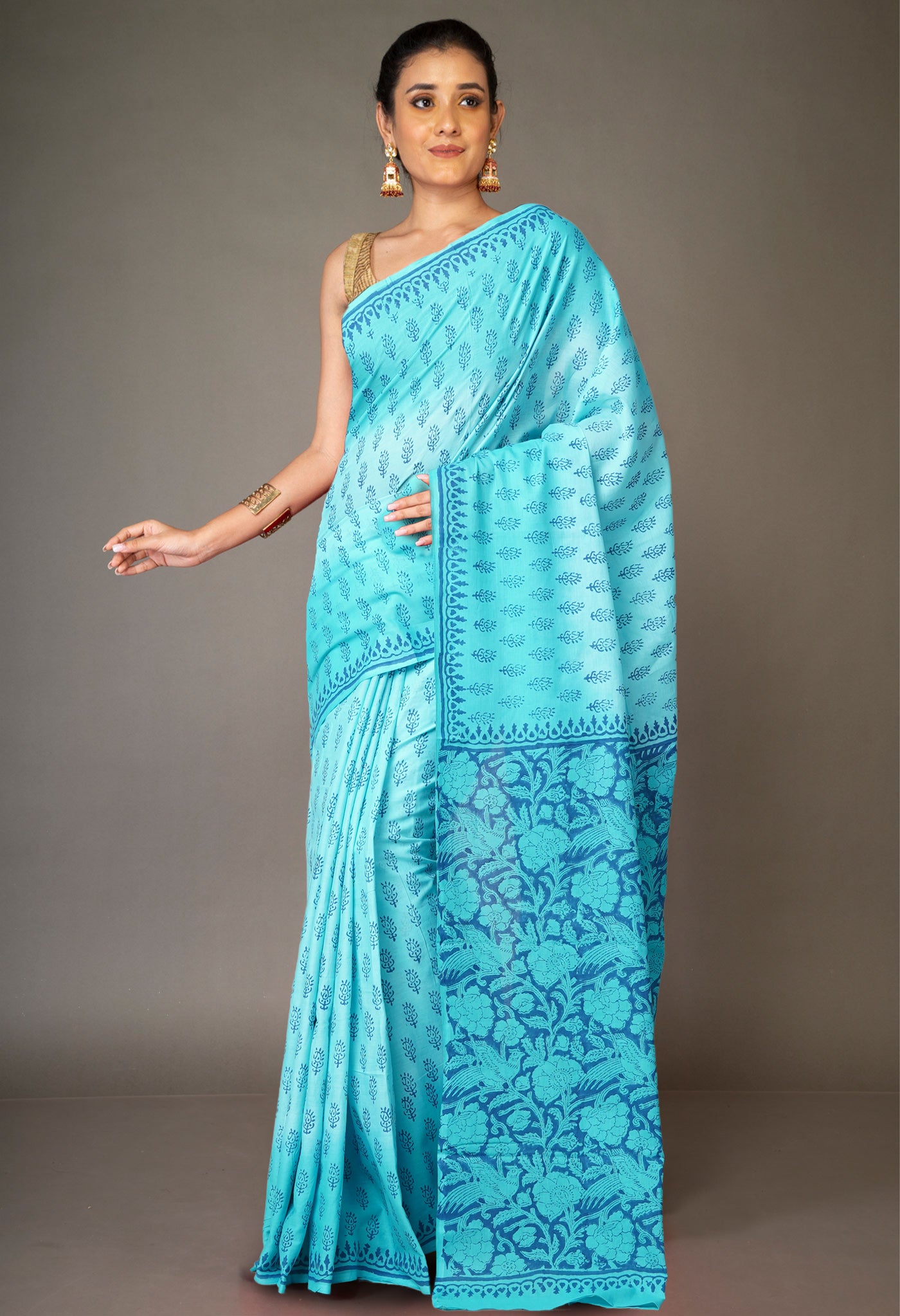 Blue Pure  Block Printed Soft Cotton Saree-UNM78496