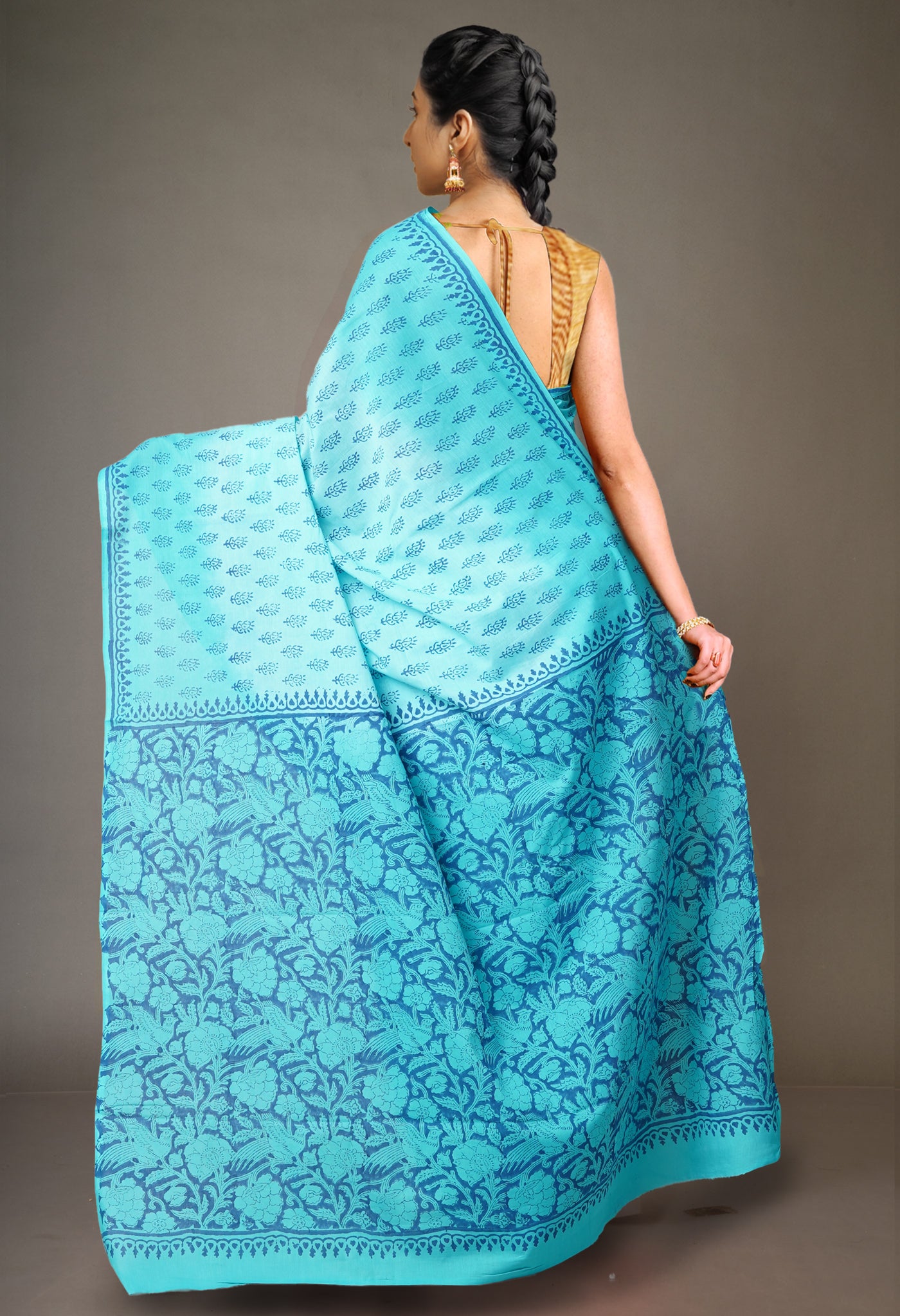 Blue Pure  Block Printed Soft Cotton Saree-UNM78496