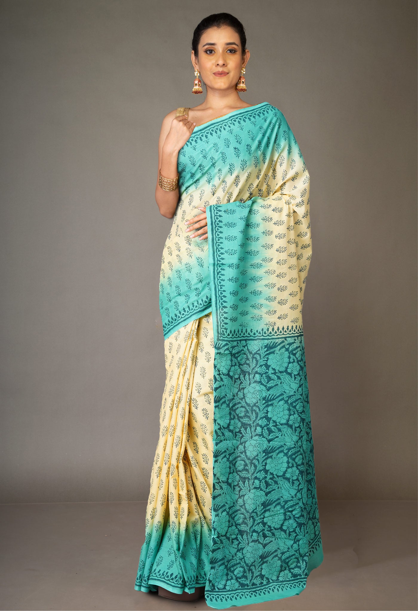 Cream-Green Pure  Block Printed Soft Cotton Saree-UNM78497