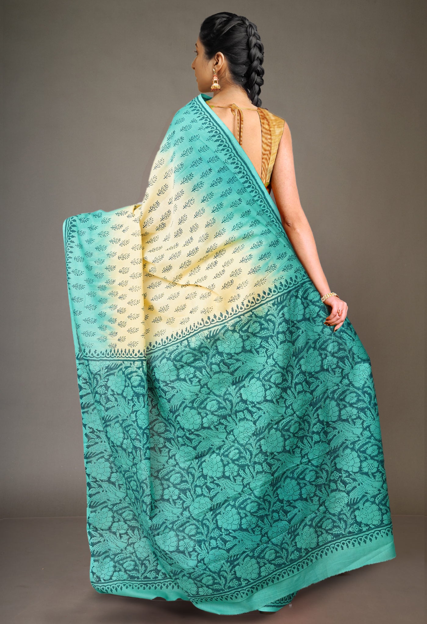 Cream-Green Pure  Block Printed Soft Cotton Saree-UNM78497