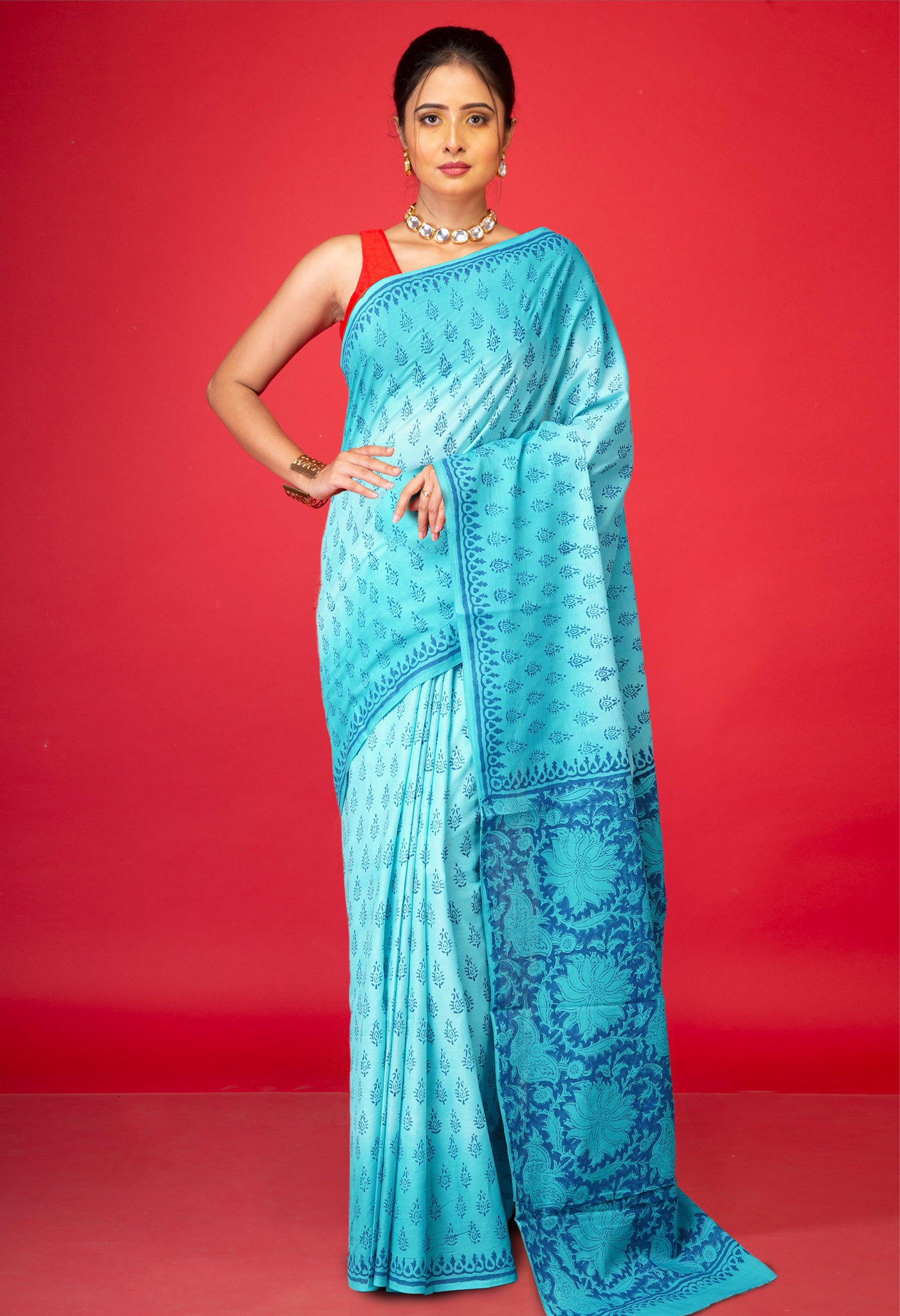 Blue Pure  Block Printed Soft Cotton Saree-UNM78499