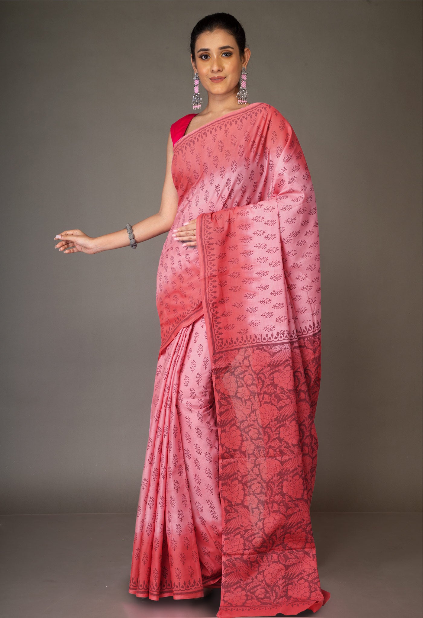 Pink-Red Pure  Block Printed Soft Cotton Saree-UNM78500