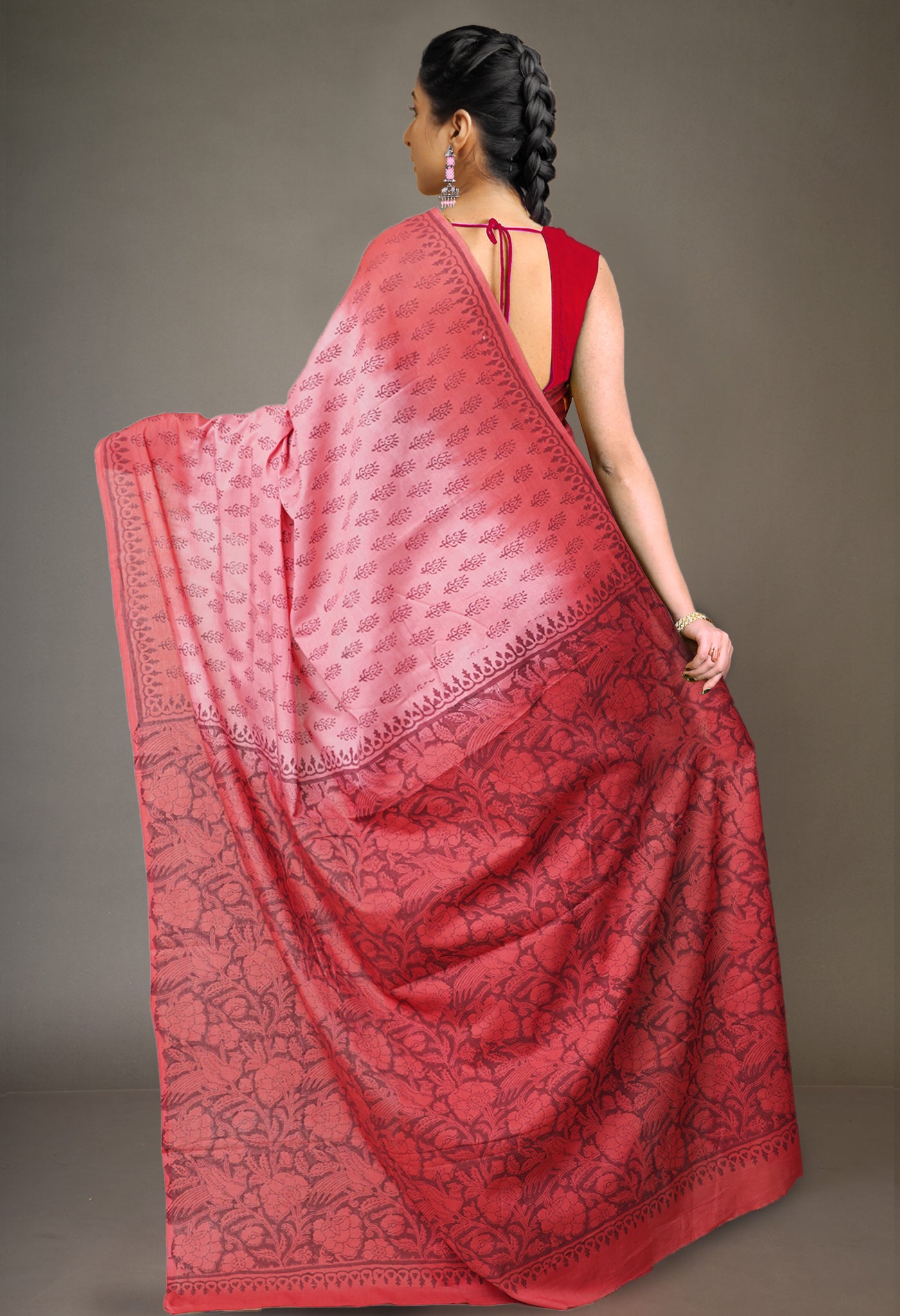 Pink-Red Pure  Block Printed Soft Cotton Saree-UNM78500