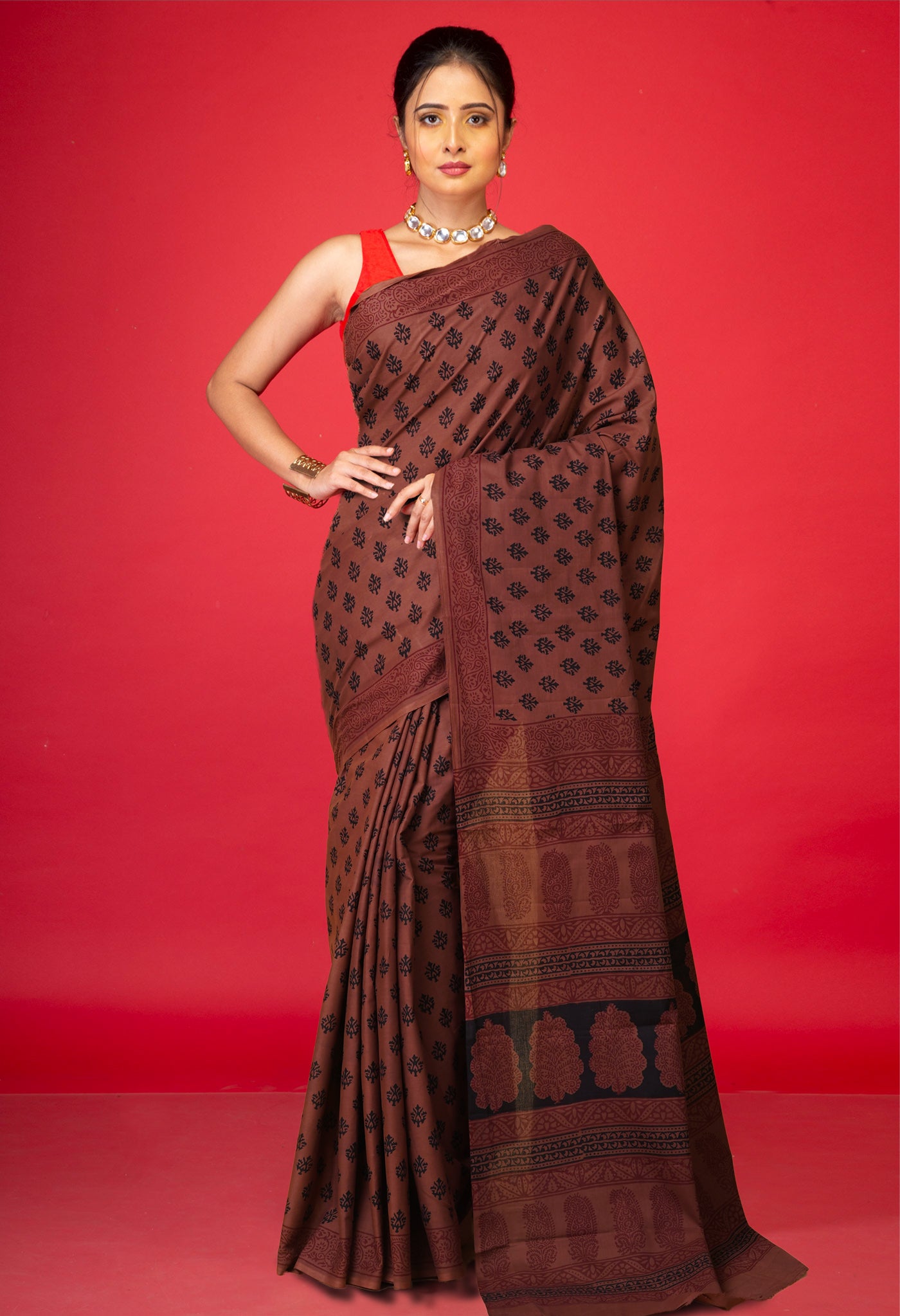 Brown Pure  Bagh Printed Soft Cotton Saree-UNM78583