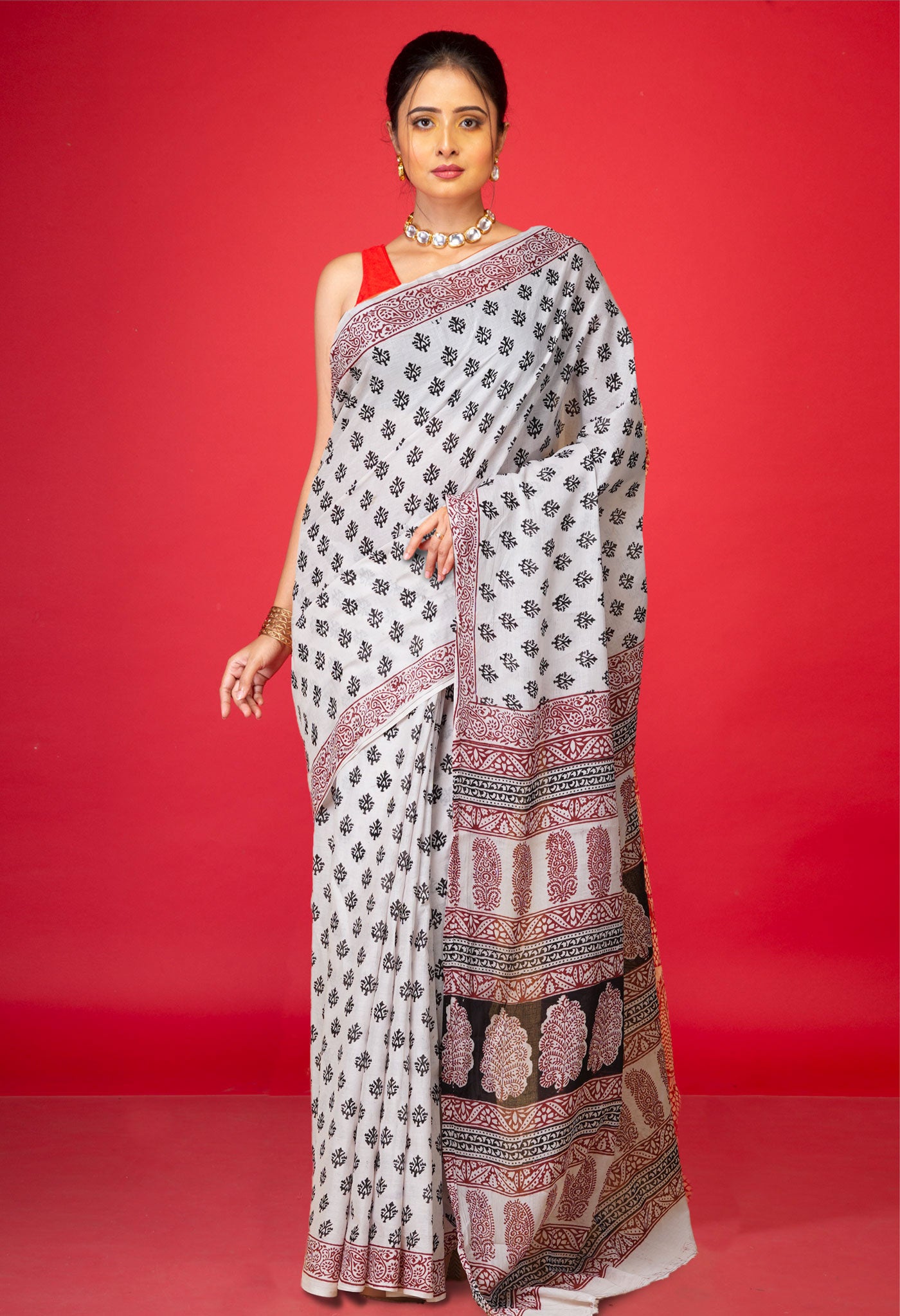 Cream Pure  Bagh Printed Soft Cotton Saree-UNM78717