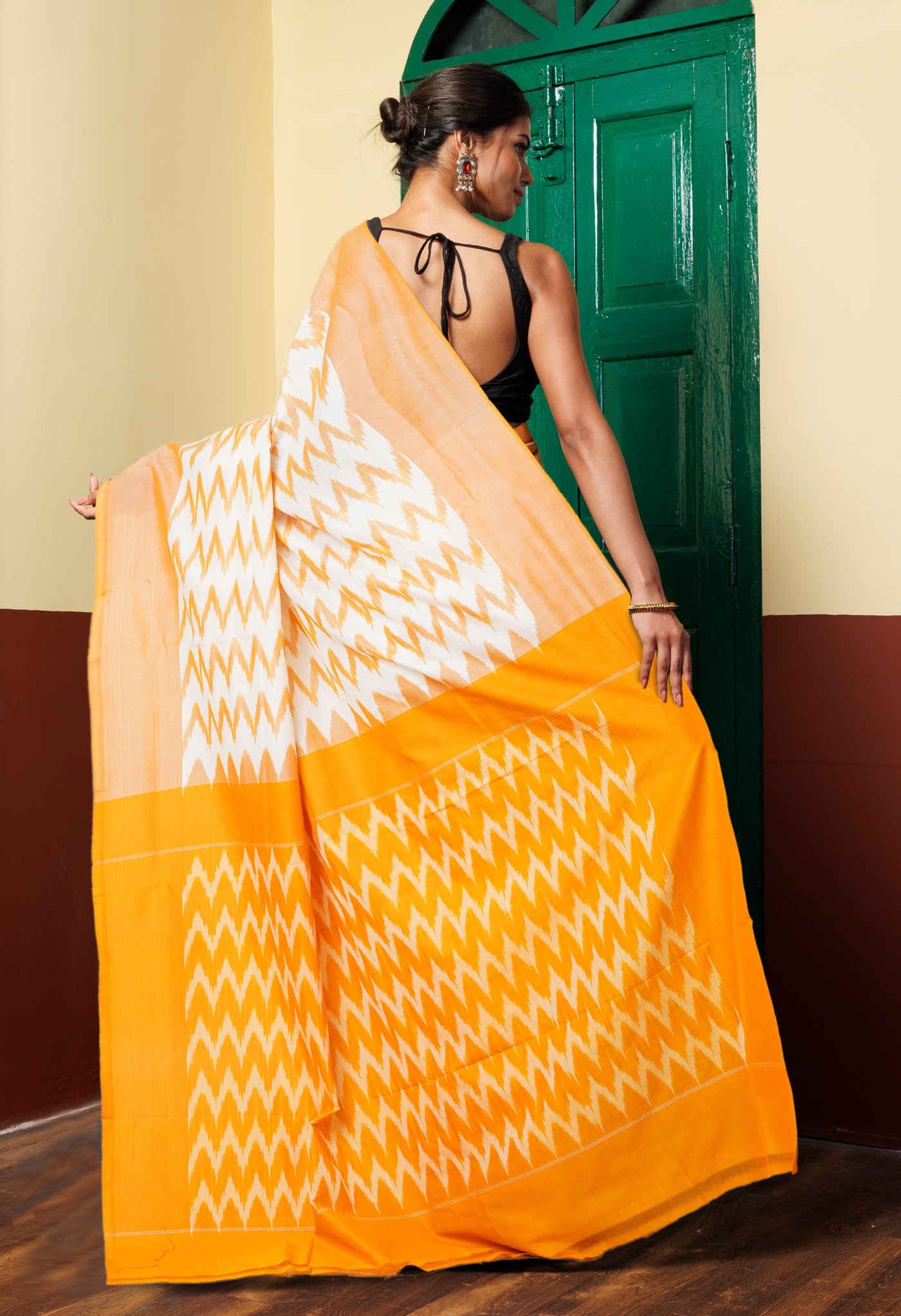 White-Yellow Pure Pochampally Mercerized Cotton Saree-UNM78819