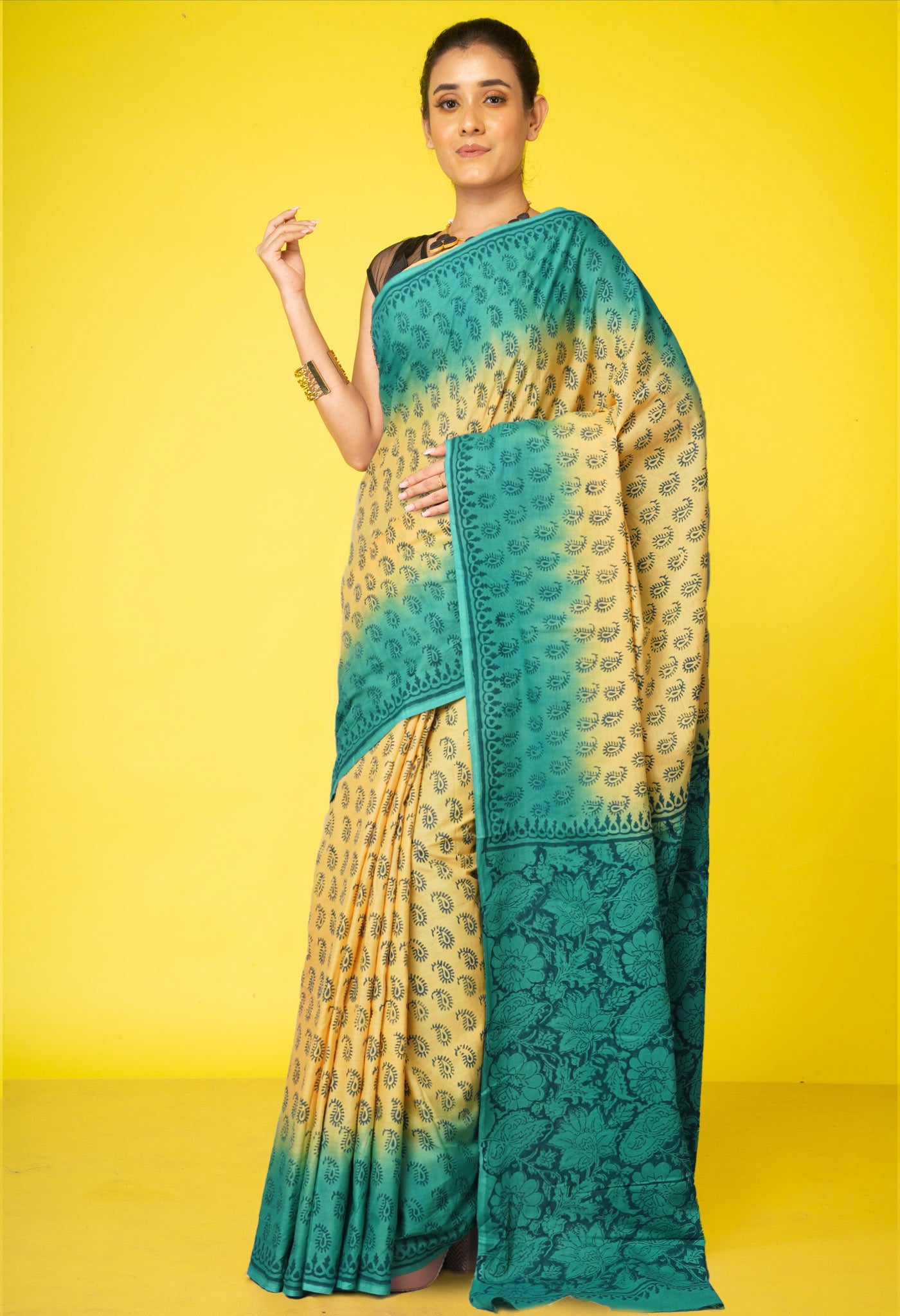 Yellow-Turquoise Green Pure Block Printed Soft Cotton Saree-UNM78978