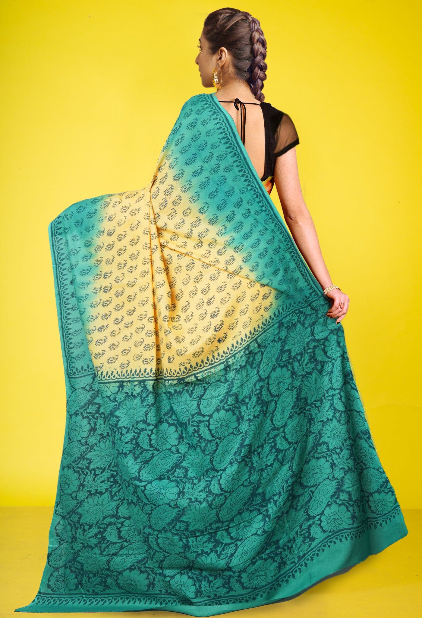 Yellow-Turquoise Green Pure Block Printed Soft Cotton Saree-UNM78978