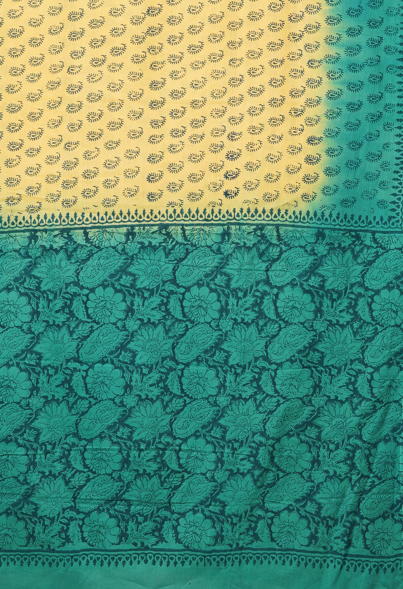 Yellow-Turquoise Green Pure Block Printed Soft Cotton Saree-UNM78978