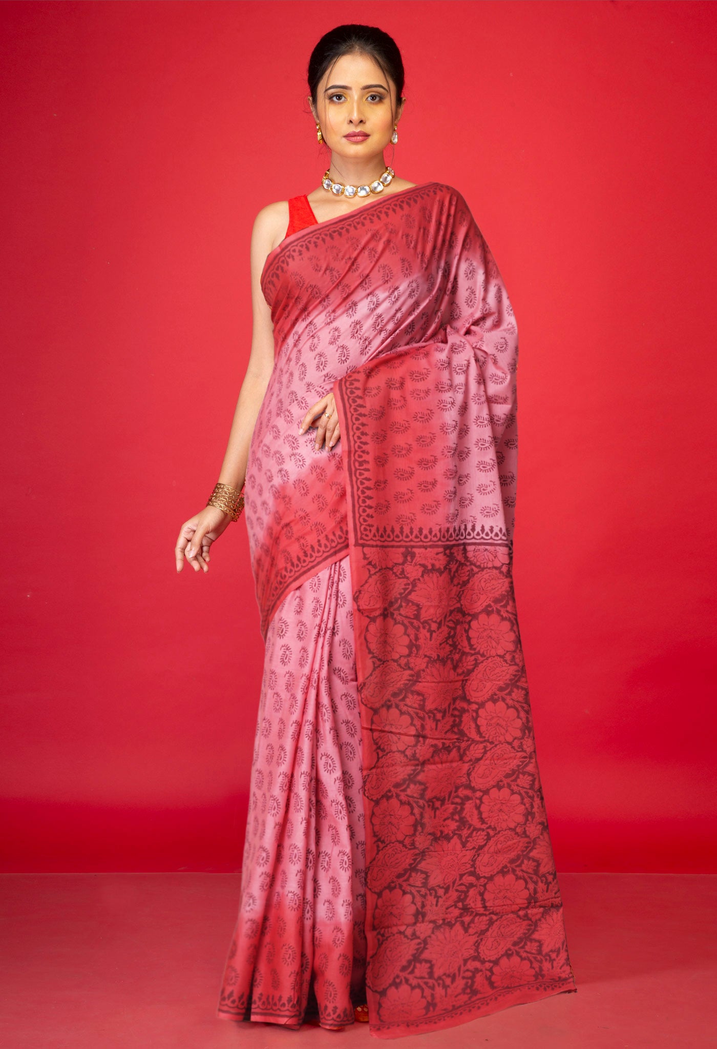 Pink-Red Pure Block Printed Soft Cotton Saree-UNM78979