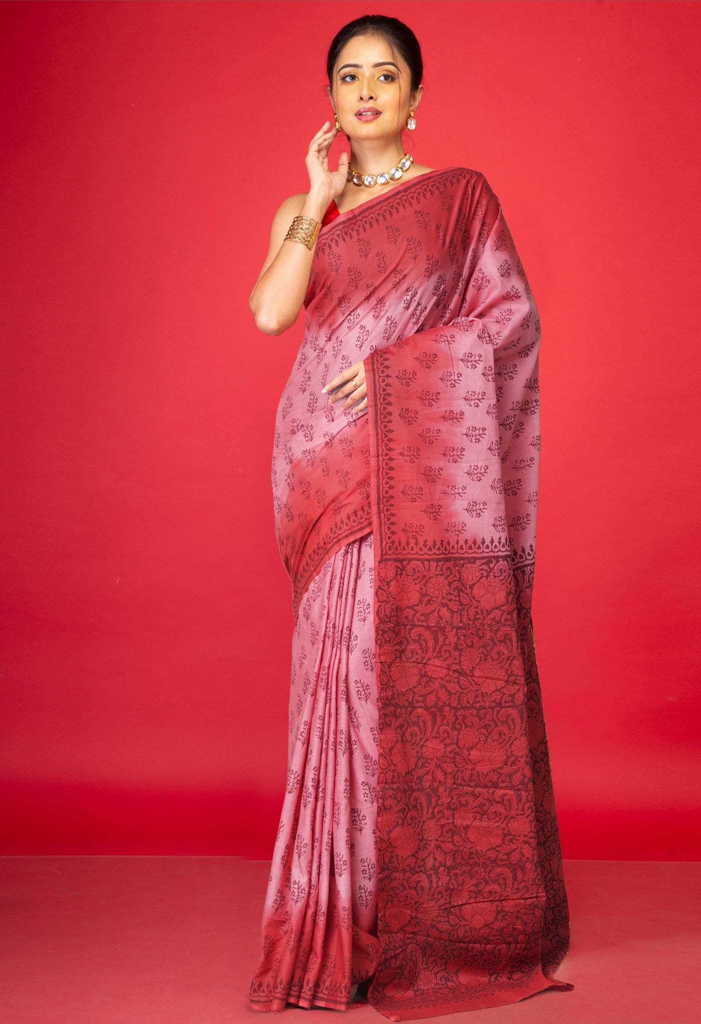 Pink-Red Pure Block Printed Soft Cotton Saree-UNM78980