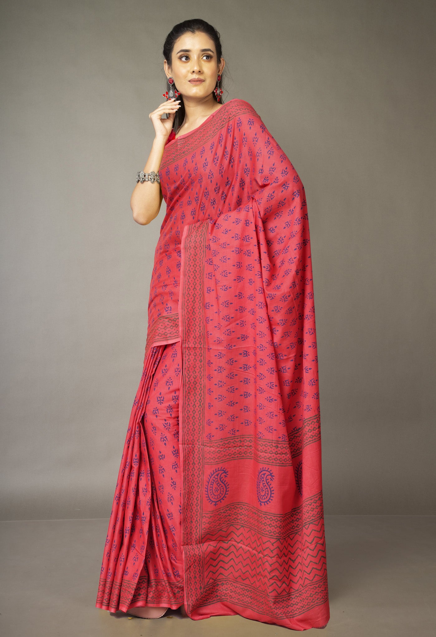 Red Pure Block Printed Soft Cotton Saree