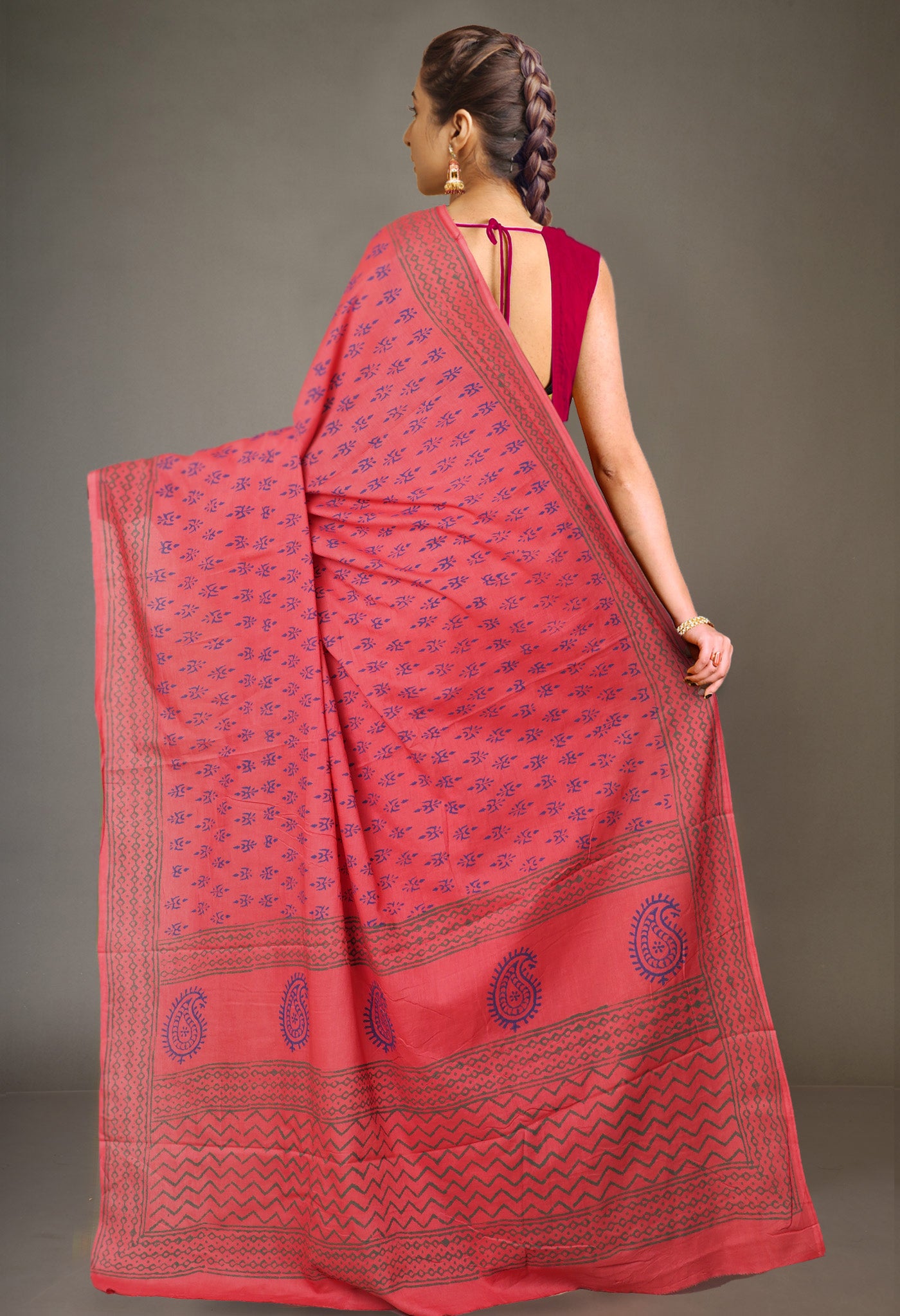 Red Pure Block Printed Soft Cotton Saree