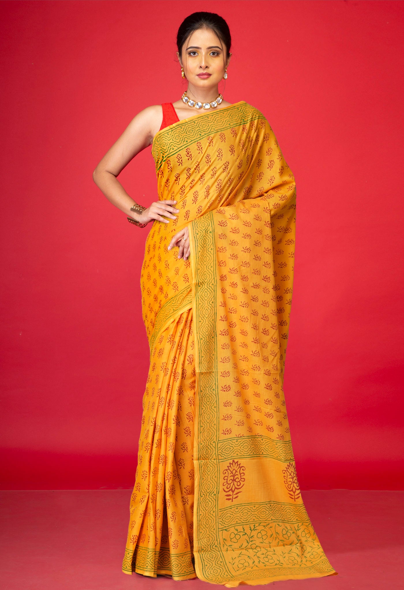 Yellow Pure Block Printed Soft Cotton Saree-UNM78982