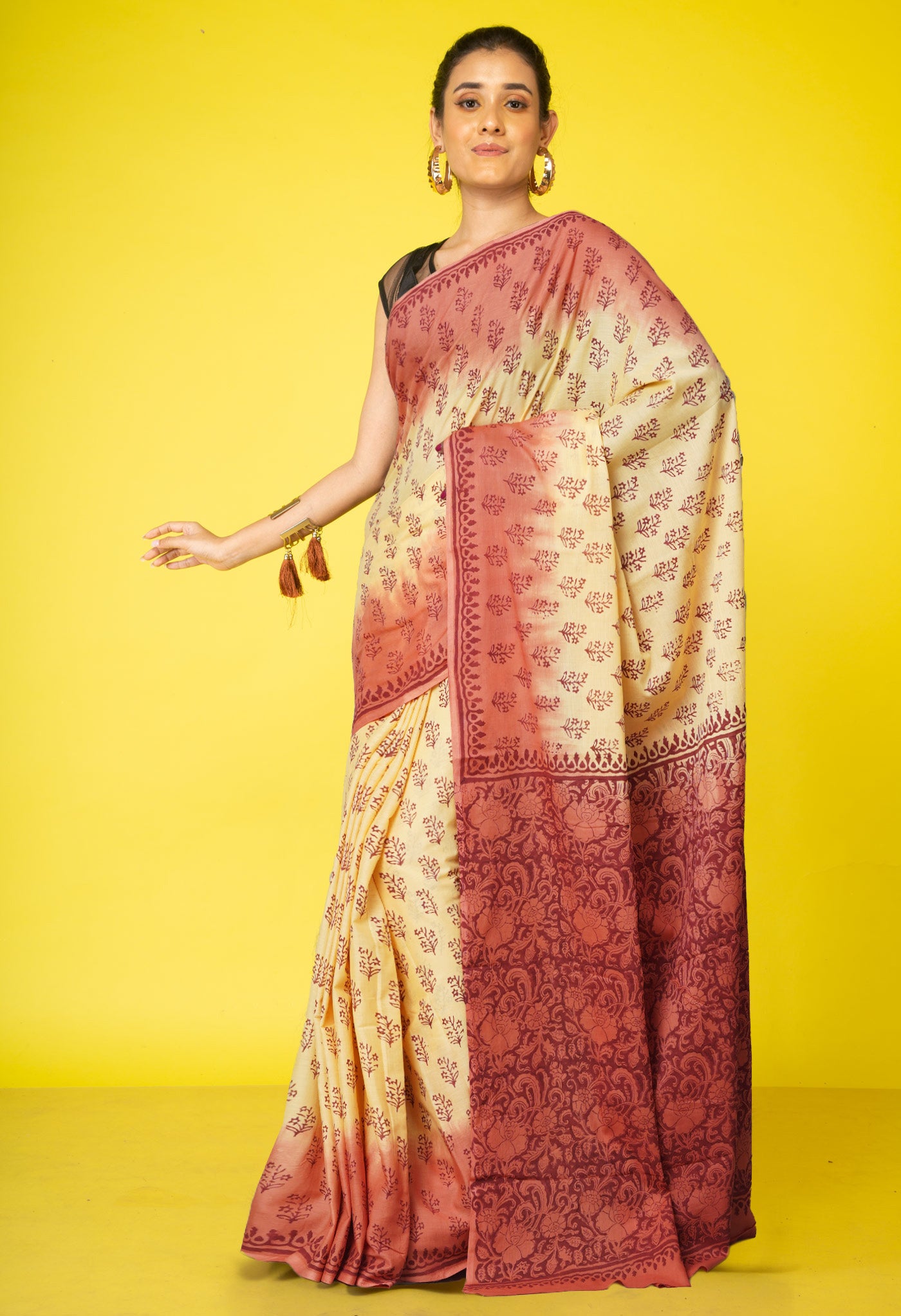 Yellow-Brown Pure Block Printed Soft Cotton Saree-UNM78983