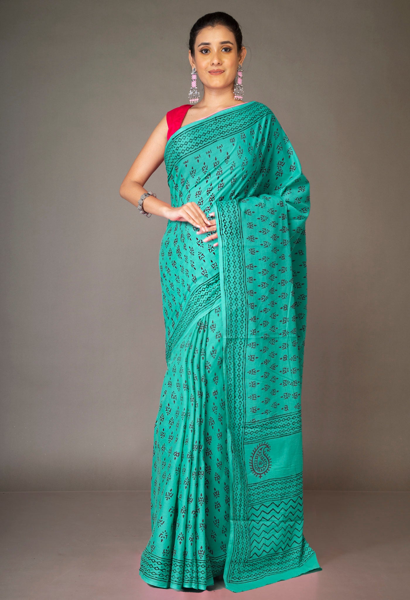 Turquoise Green Pure Block Printed Soft Cotton Saree-UNM78984