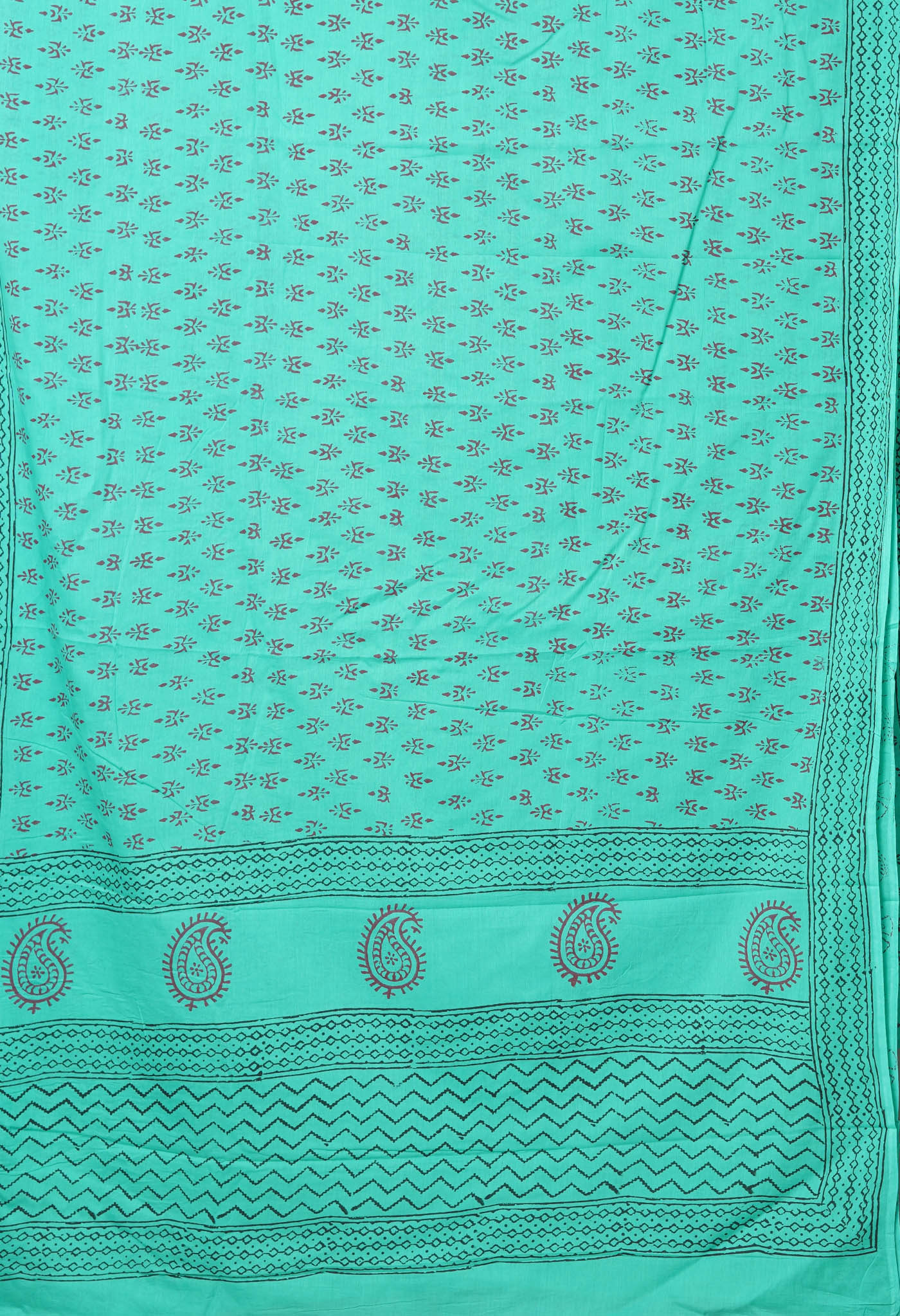 Turquoise Green Pure Block Printed Soft Cotton Saree-UNM78984