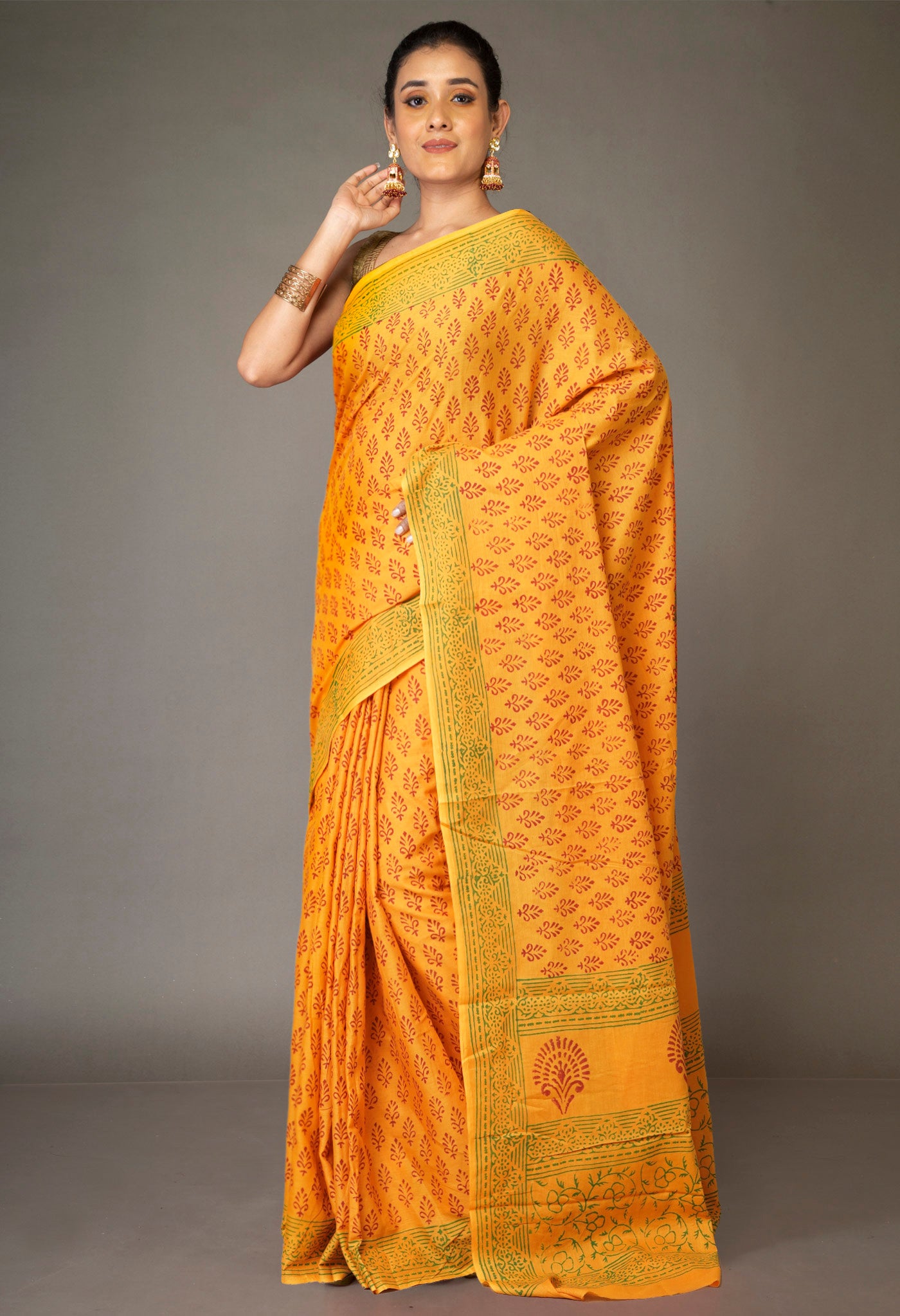 Yellow Pure Block Printed Soft Cotton Saree-UNM78985