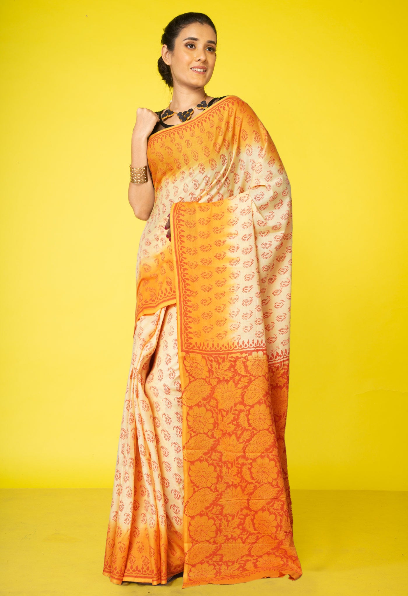 Yellow-Orange Pure Block Printed Soft Cotton Saree-UNM78986