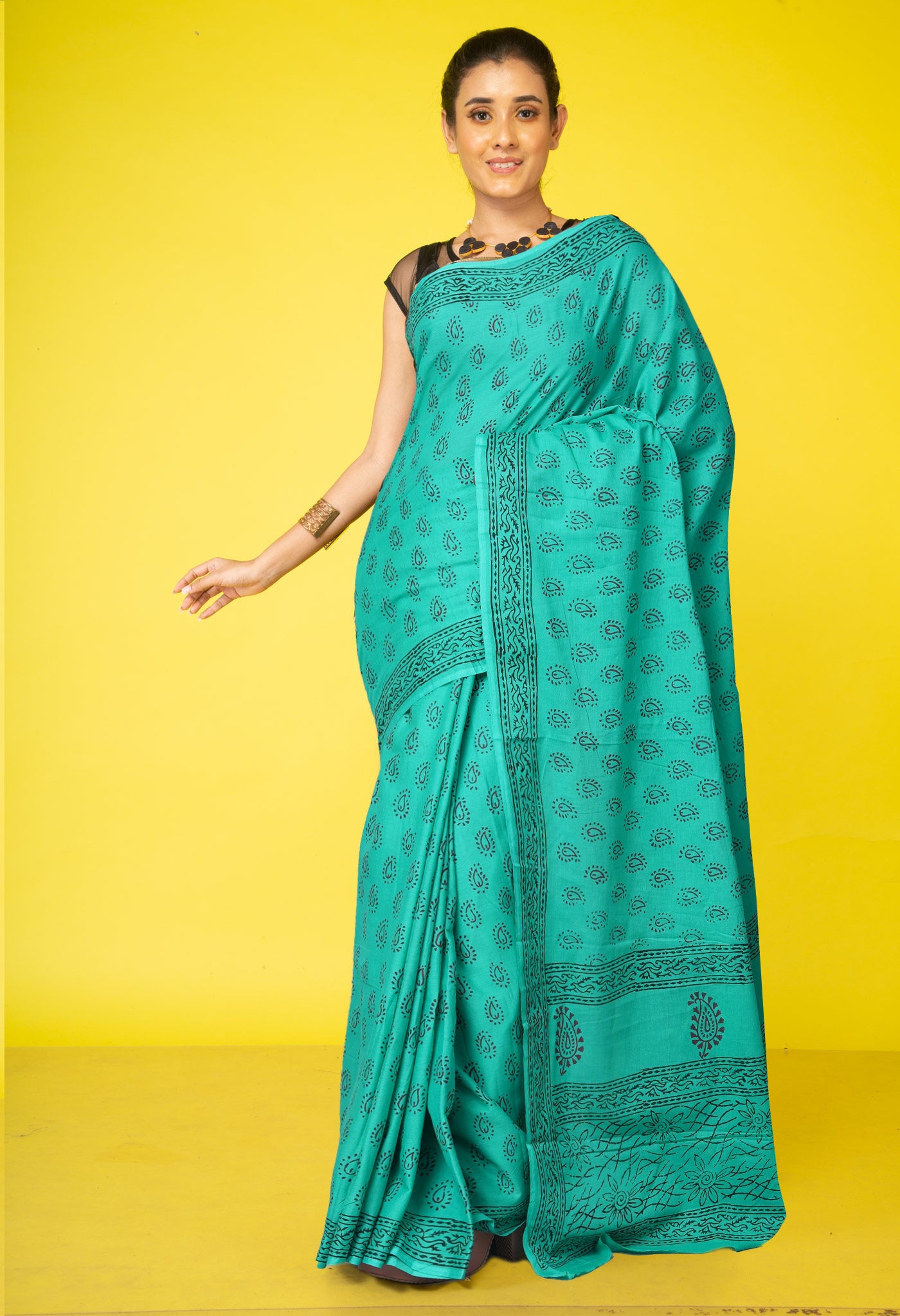 Turquoise Green Pure Block Printed Soft Cotton Saree-UNM78987