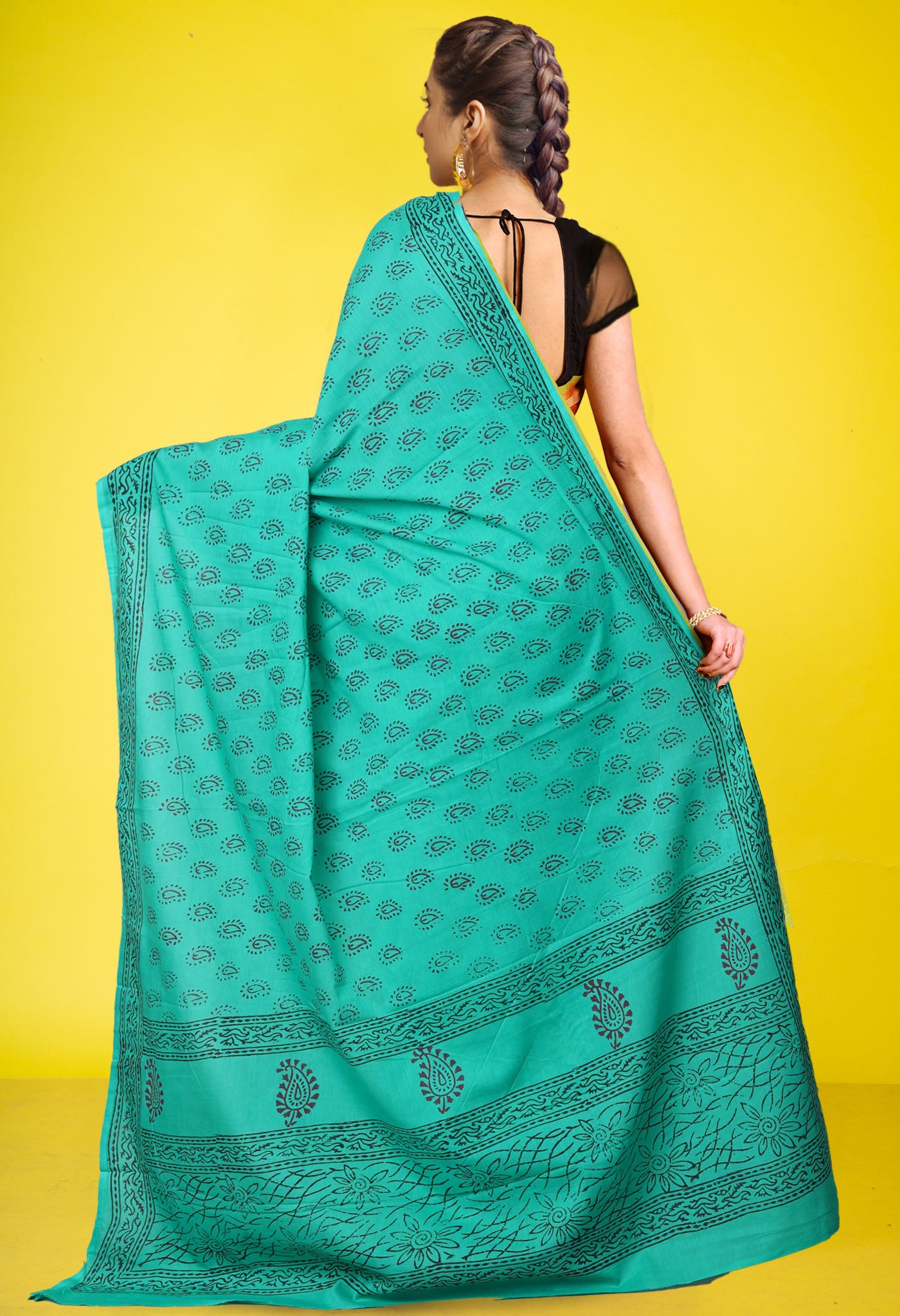 Turquoise Green Pure Block Printed Soft Cotton Saree-UNM78987