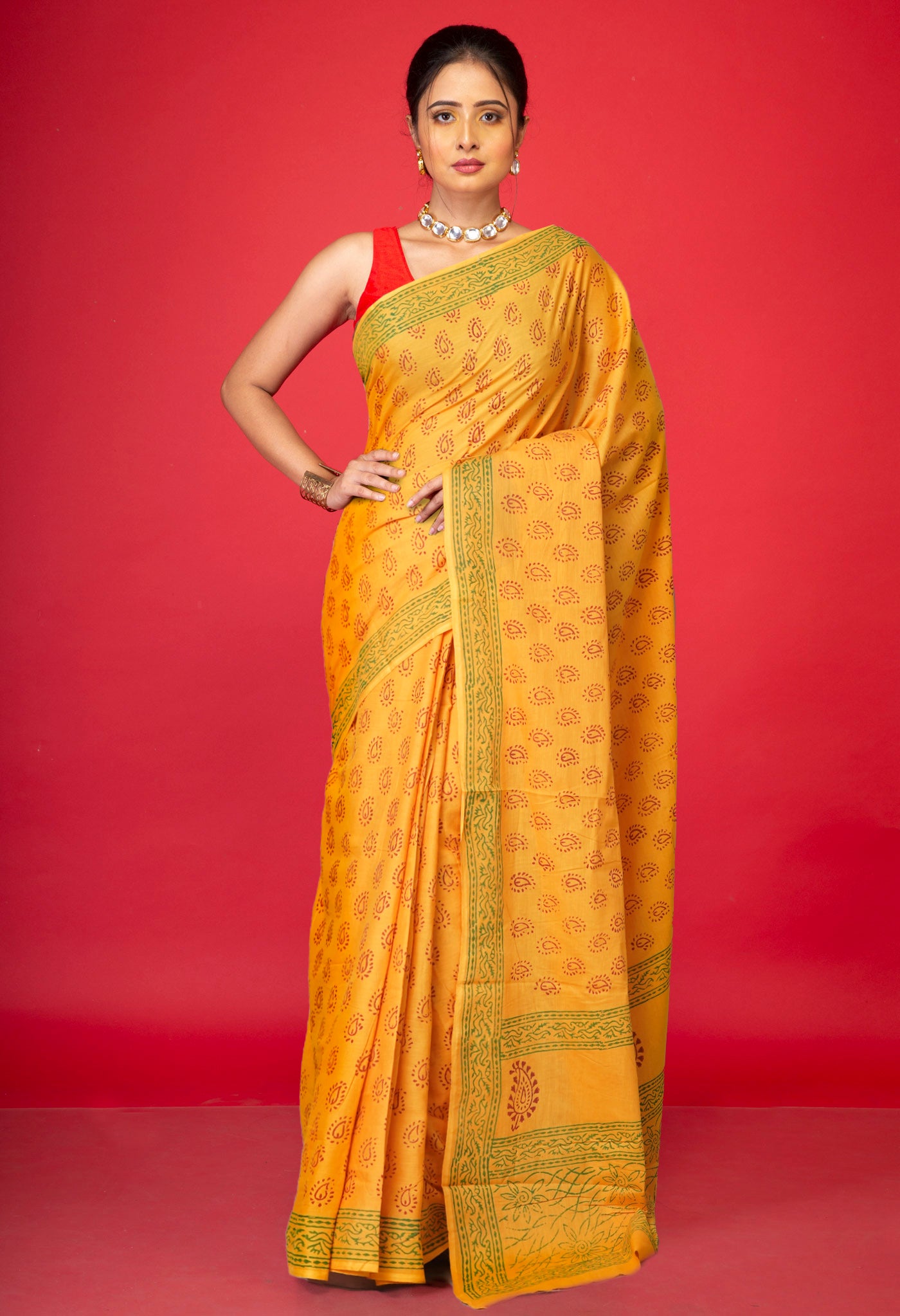 Yellow Pure Block Printed Soft Cotton Saree-UNM78988